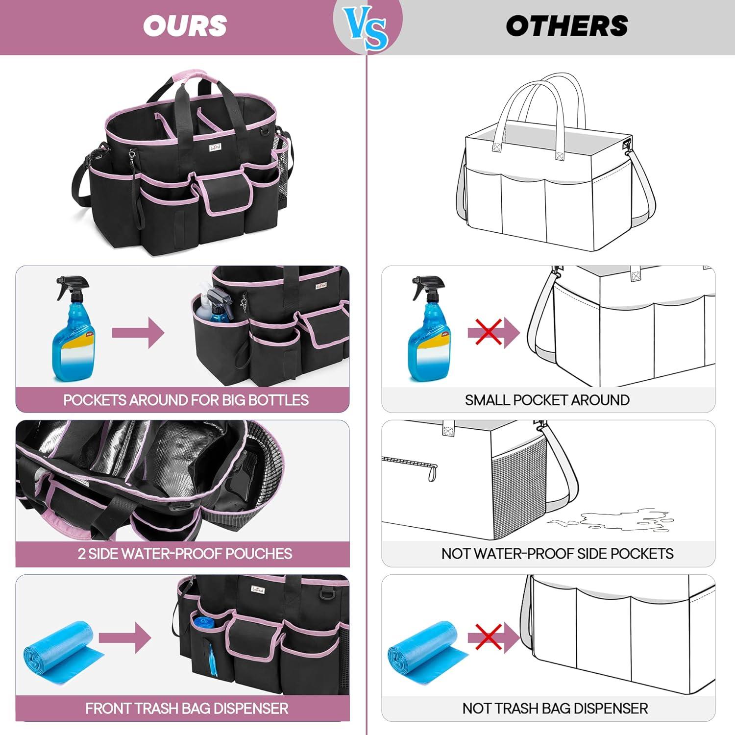 LoDrid Tote Cleaning Caddy Bag with 4 Folding Dividers, Portable Cleaning Supplies Organizer with Side Handles and Shoulder Strap for Cleaners and Housekeepers, Grey (Bag Only