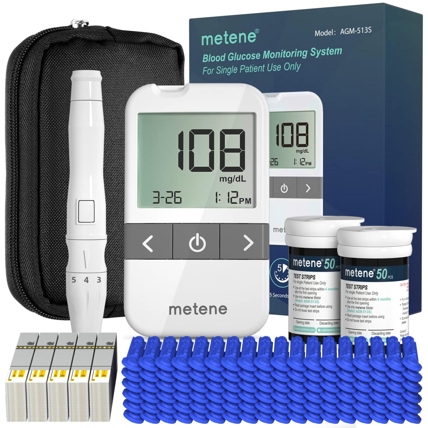 Metene AGM513S Glucose Monitor Kit, 100 Strips, 100 Lancets