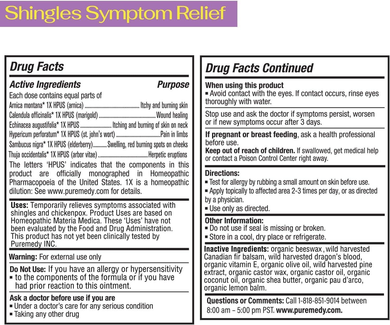 Puremedy Shingles Symptom Relief Ointment All Natural Homeopathic Salve to Soothe and Relieve Skin - 1 oz. (Pack of 1)