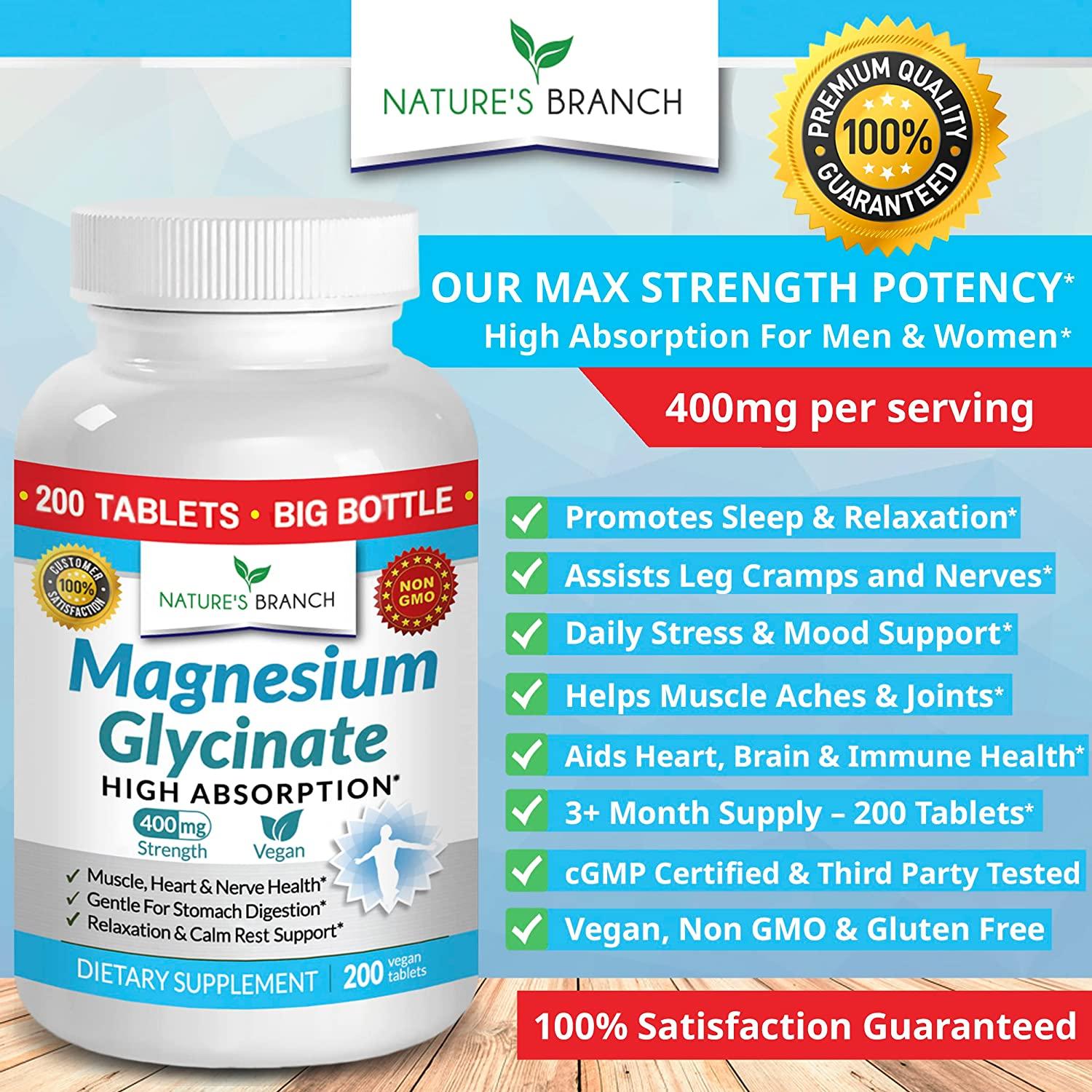 High Absorption Magnesium Glycinate 400mg 200 Tablets for Sleep, Leg