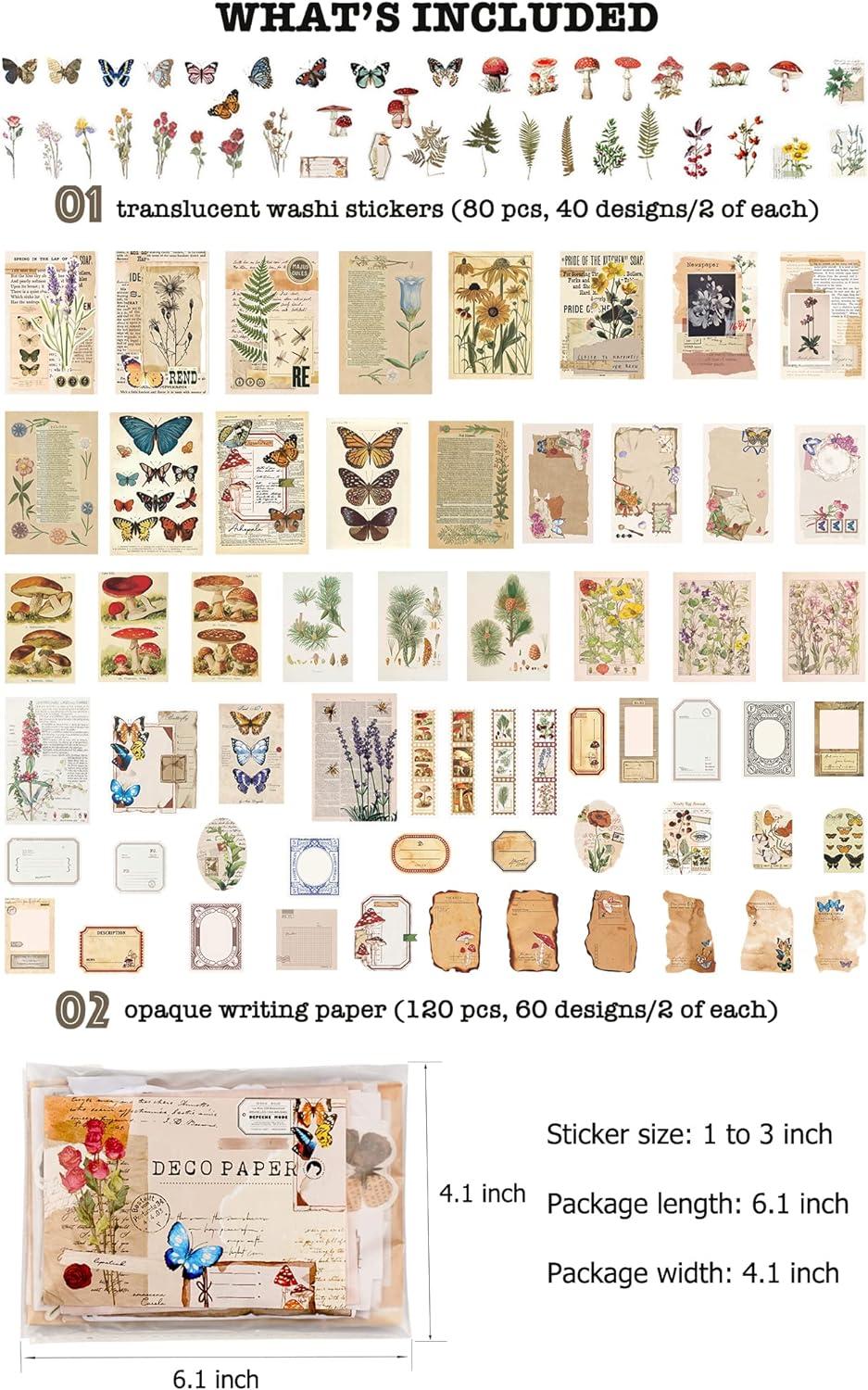 Retro Collage Artistic Scrapbook Paper Pack - 200 Pieces with Washi Stickers  and Specialty Paper