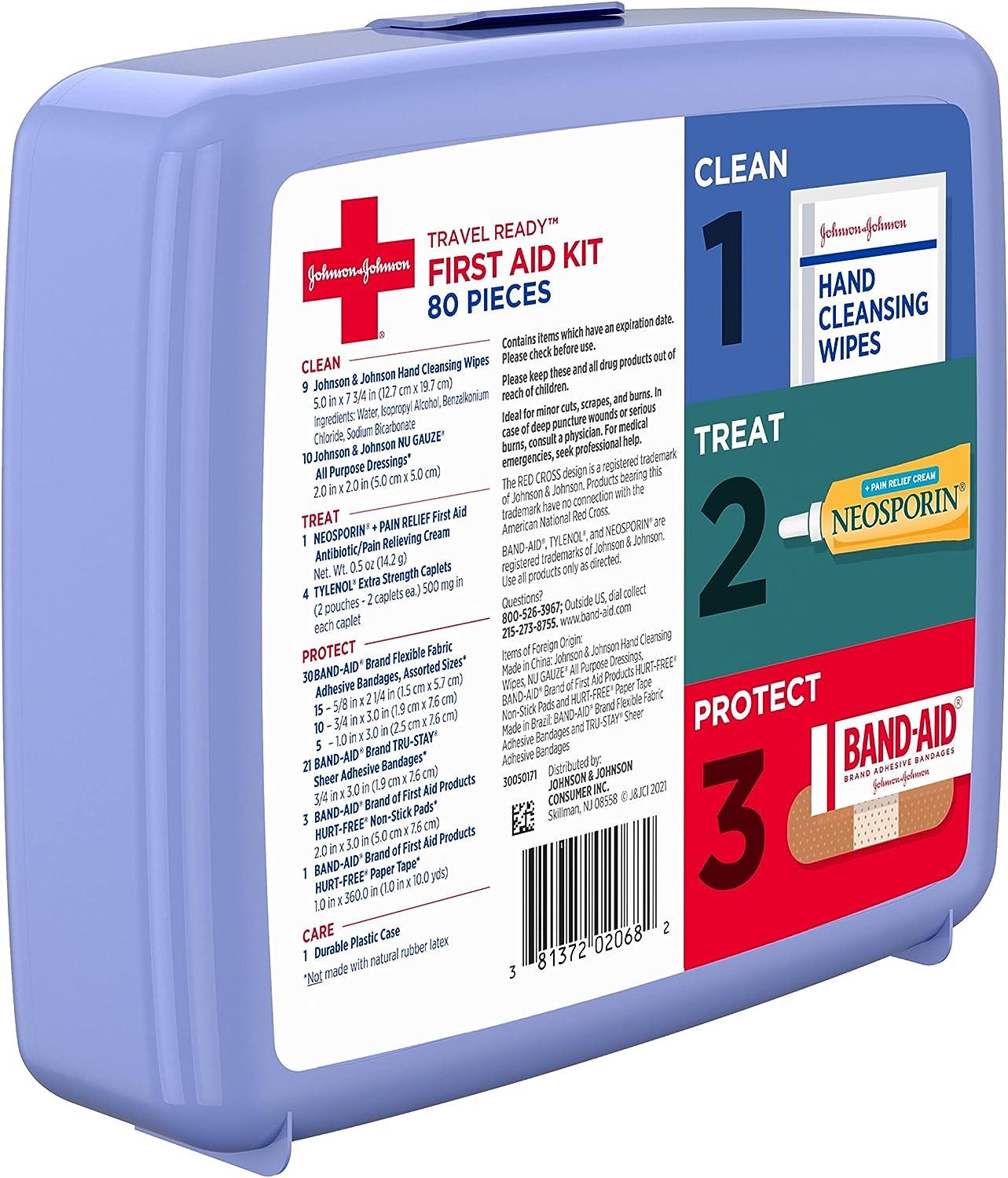 Johnson & Johnson Travel Ready Portable Emergency First Aid Kit for Minor  Wound Care with Assorted Adhesive Bandages, Gauze Pads & More, Ideal for  Travel, Car & On-The-Go, 80 pc