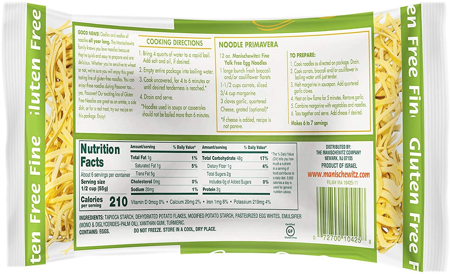 Manishewitz Gluten Free Fine Noodles 12oz (3 Pack) All Natural, Yolk