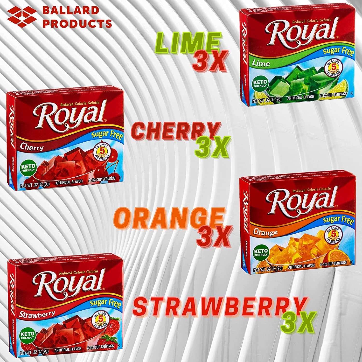 Royal Sugar Free Gelatin Variety Pack of 12 Strawberry, Lime, Orange