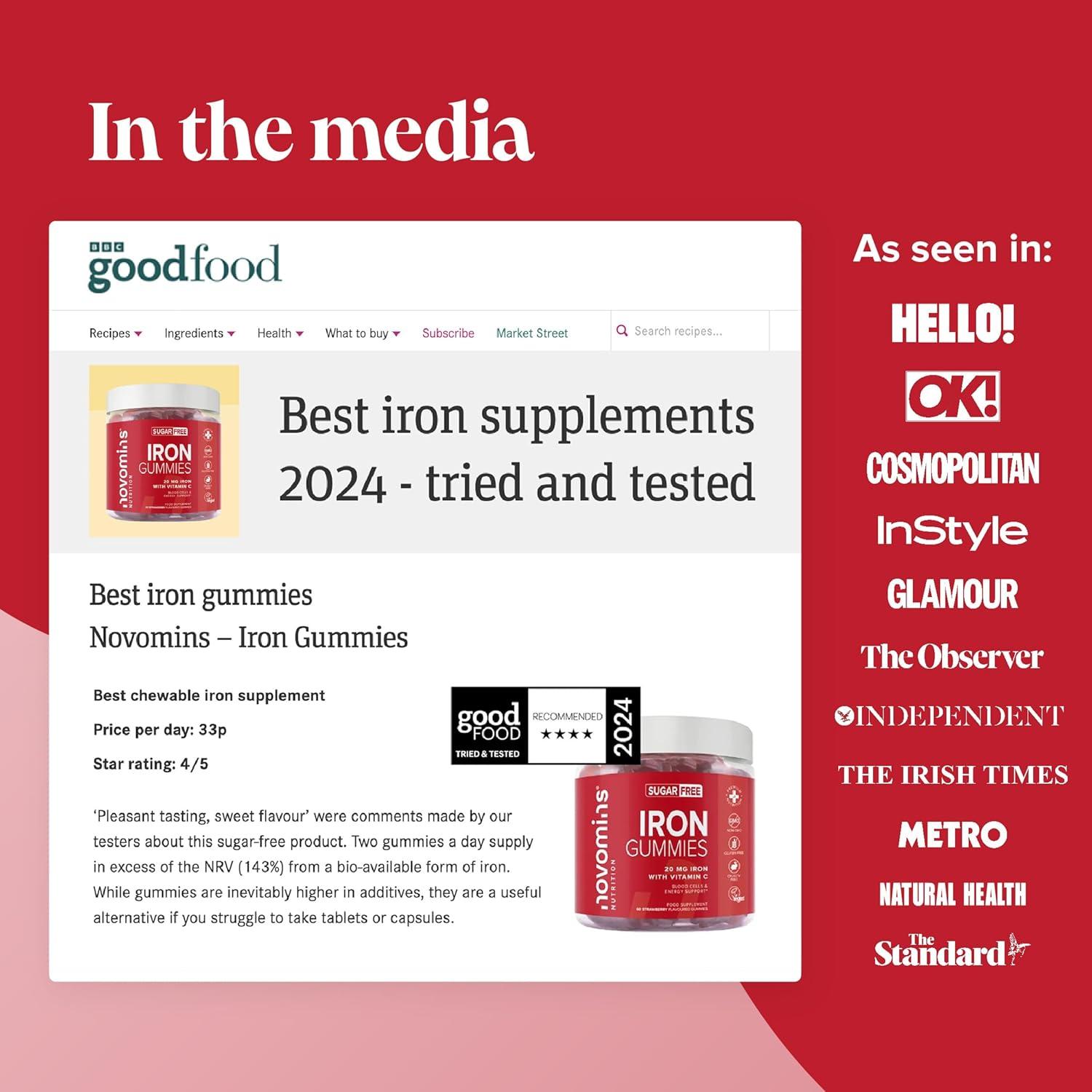 Iron Gummies With Vitamin C - Sugar Free & Vegan - Iron Supplements For Women Men Strawberry Flavoured Alternative To Iron Tablets Immune System Energy Booster 1 Month Supply Novomins