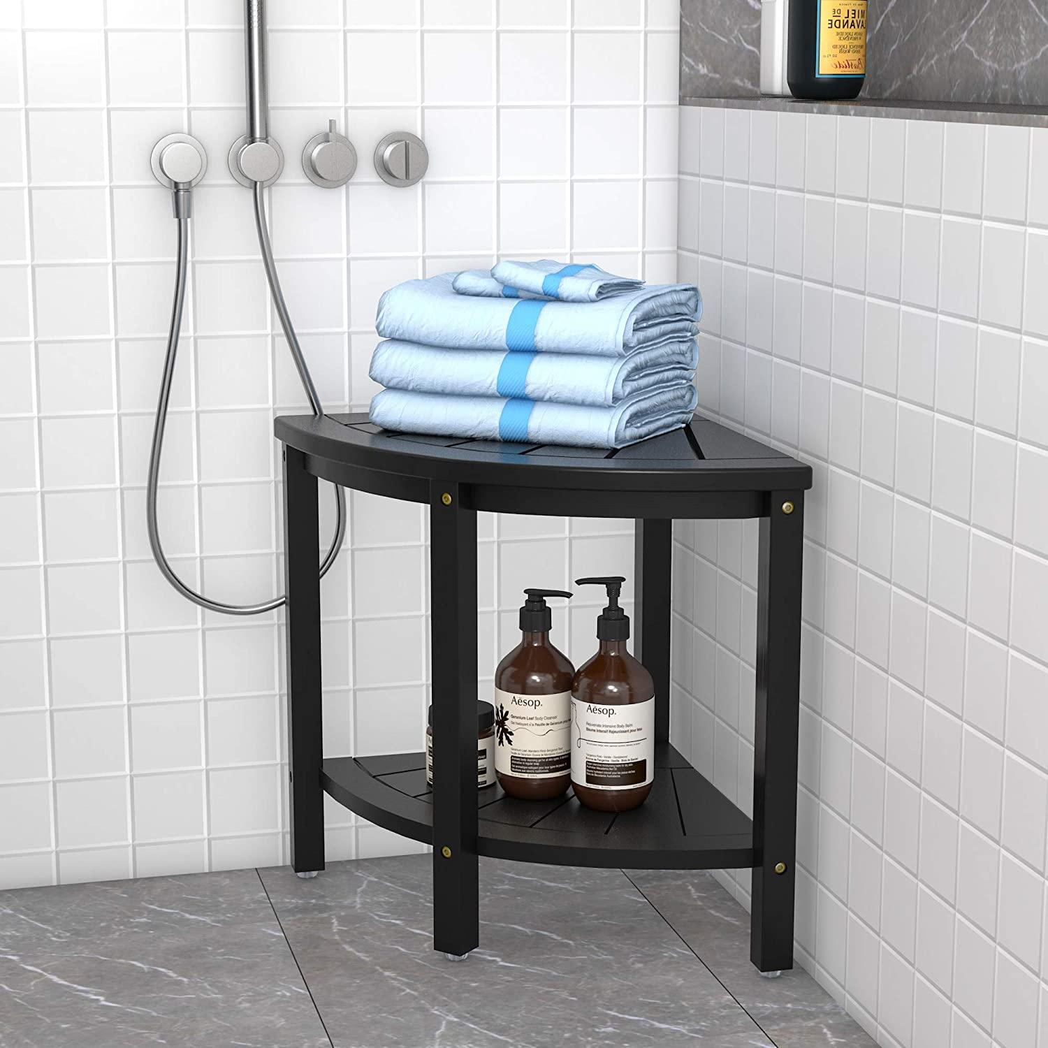 Bamboo Corner Shower Stool Bench Waterproof with Storage Shelf for