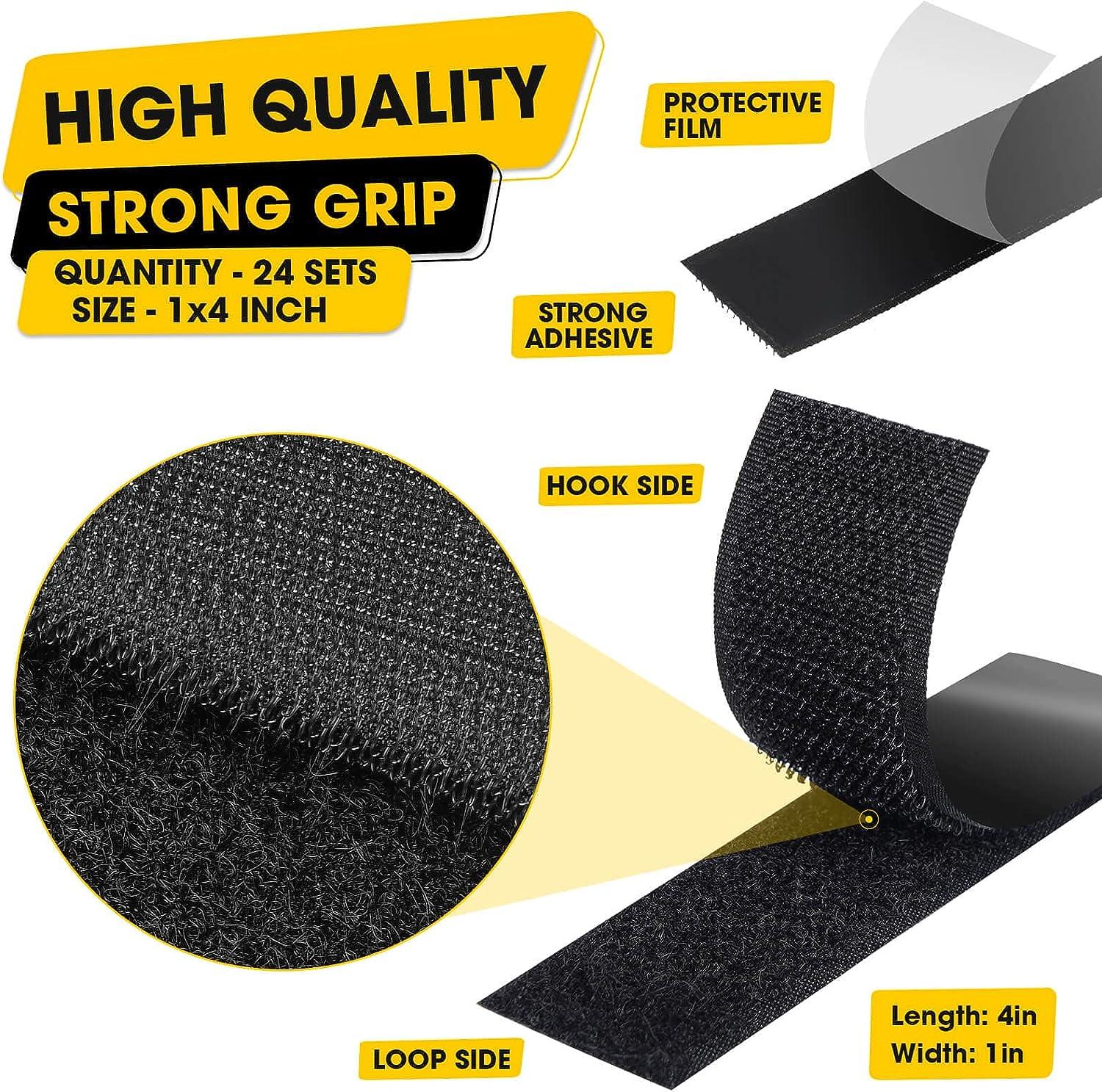 24 Sets Industrial Strength Sticky Back Hook and Loop Strips Heavy Duty  Double-Sided Interlocking Mounting Tape for Wall Hanging Fabric Sofa Couch  Cushions Rug - 1 x 4 Inch Black 1in x 4in (24 Sets)