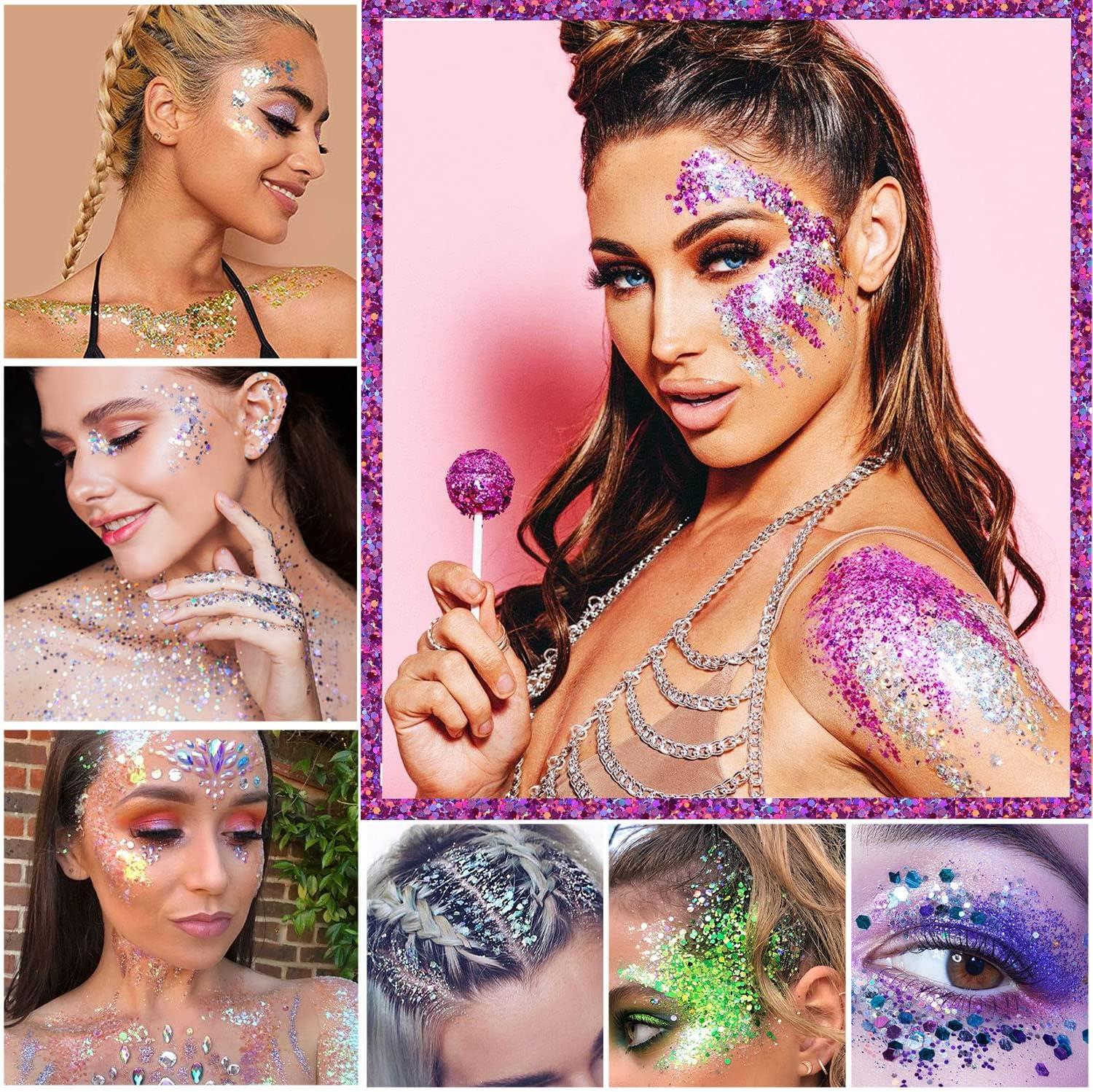 Warmfits Holographic Chunky Glitter 12 Colors Total 120g Face Body Eye Hair Nail Festival Chunky Holographic Glitter Different Size Stars and Hexagons