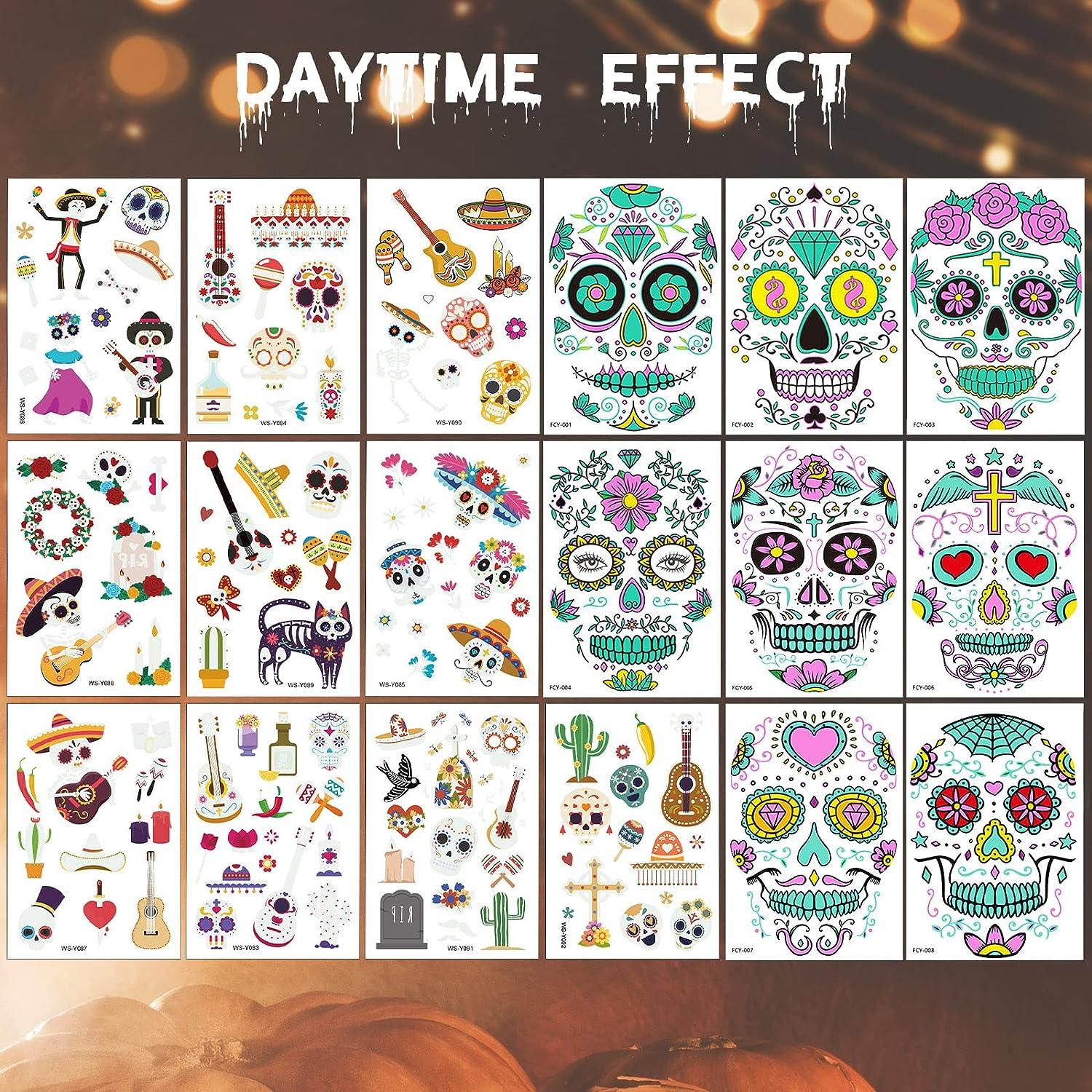 18 Sheets Halloween Temporary Face Tattoos Luminous Glow in the Dark  Tattoos Waterproof Floral Day of the Dead Sugar Skull Face Stickers for Kids  Women Adults Halloween Masquerade Party Favor Supplies