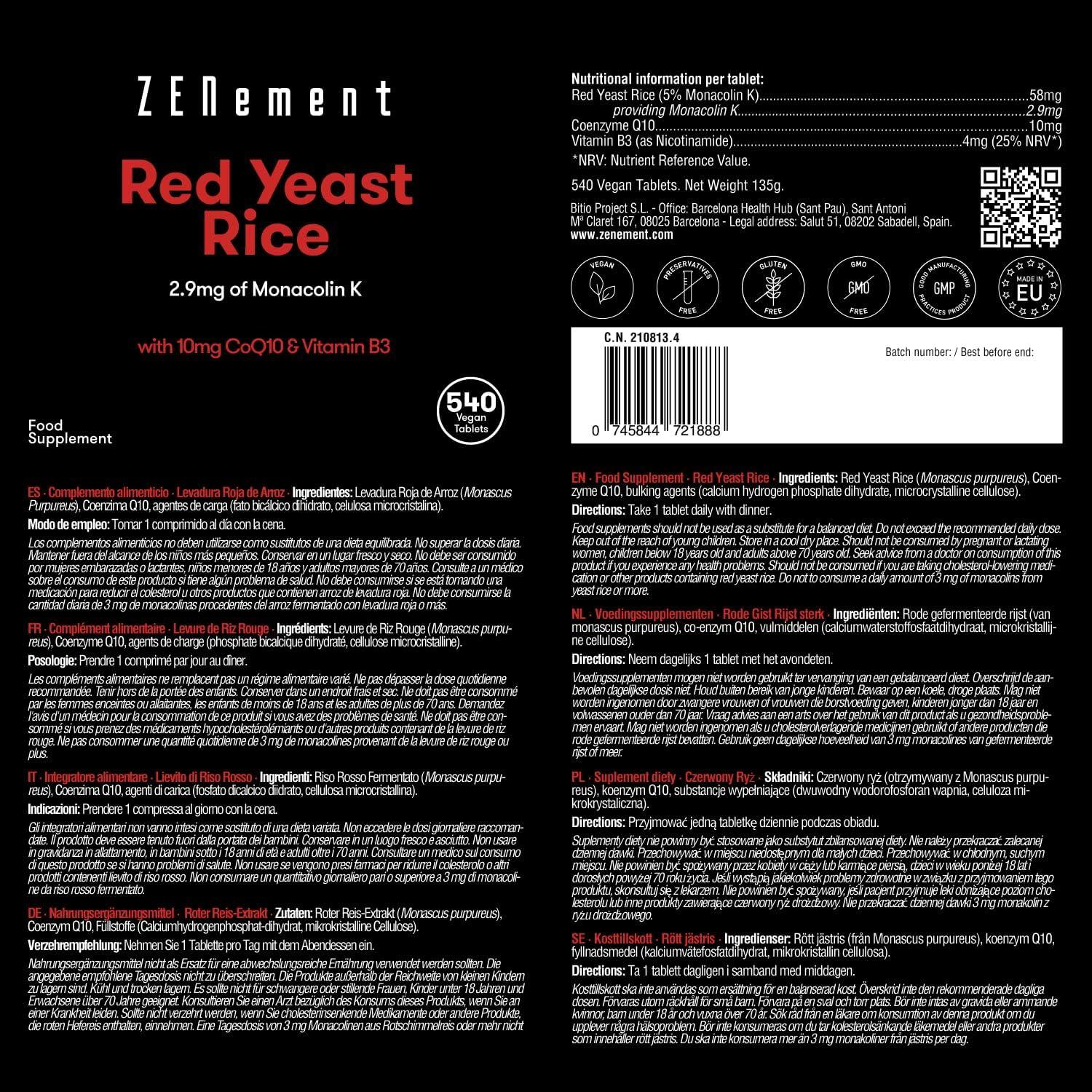 Red Yeast Rice 540 Vegan Tablets with CoQ10 and Vitamin B3