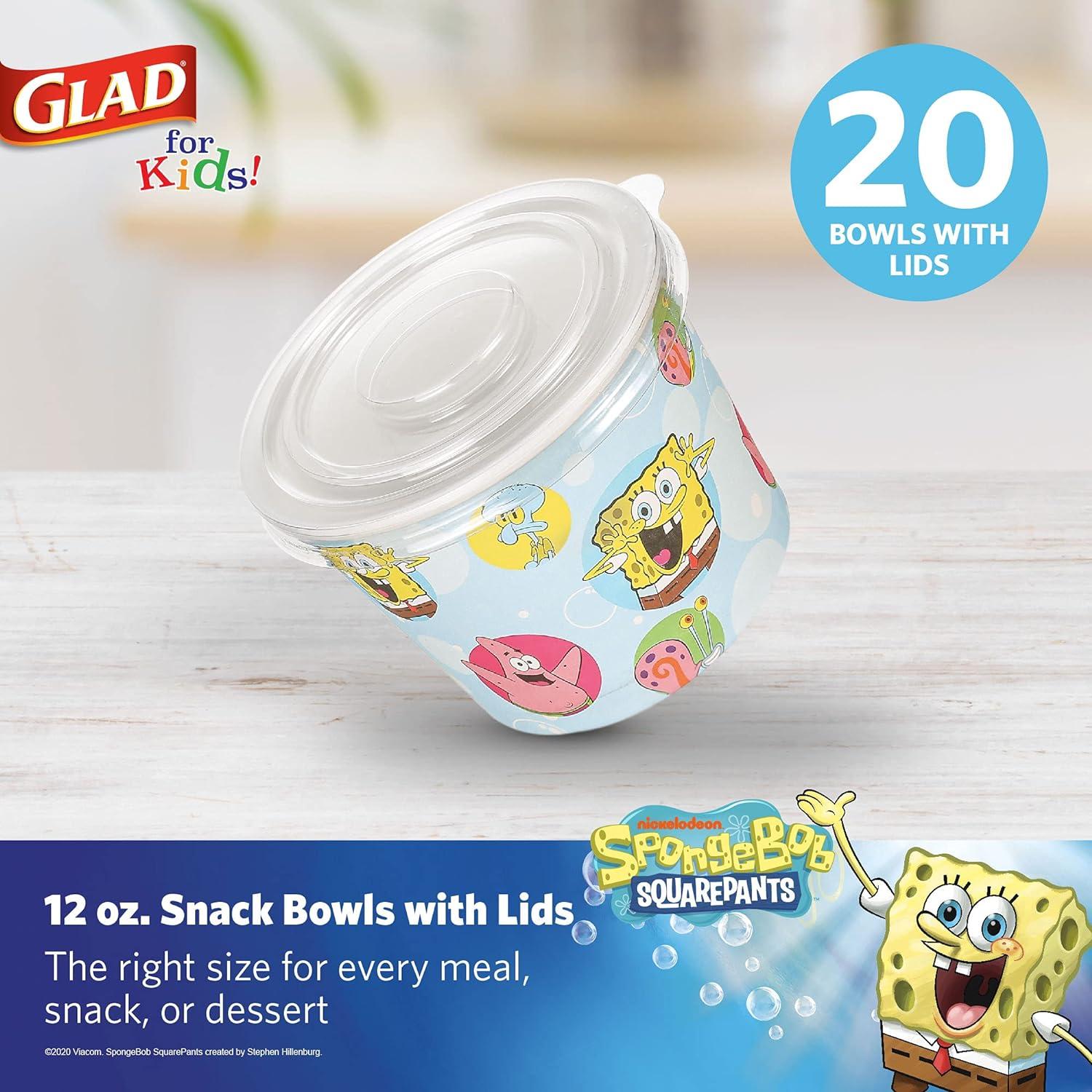 Glad for Kids SpongeBob SquarePants Paper Snack Bowls with Lids 12oz  Heavy  Duty Disposable Soak Proof Microwavable Paper Bowls for Kids and Adults 20  Count Bubbles 12 Bowls w/ lids - 20 Count