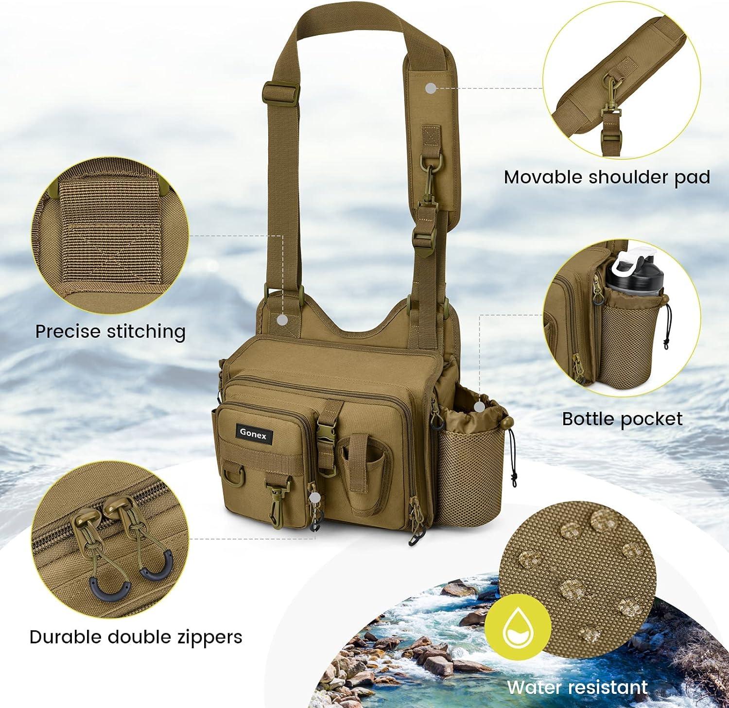 Gonex Fishing Tackle Backpack Storage Sling Bag- Fishing Backpack with 3600  Tackle Box Removable Shoulder Strap Rod Holder for Fly Fishing Hiking  Hunting Men Women Khaki- with 2 tackle box