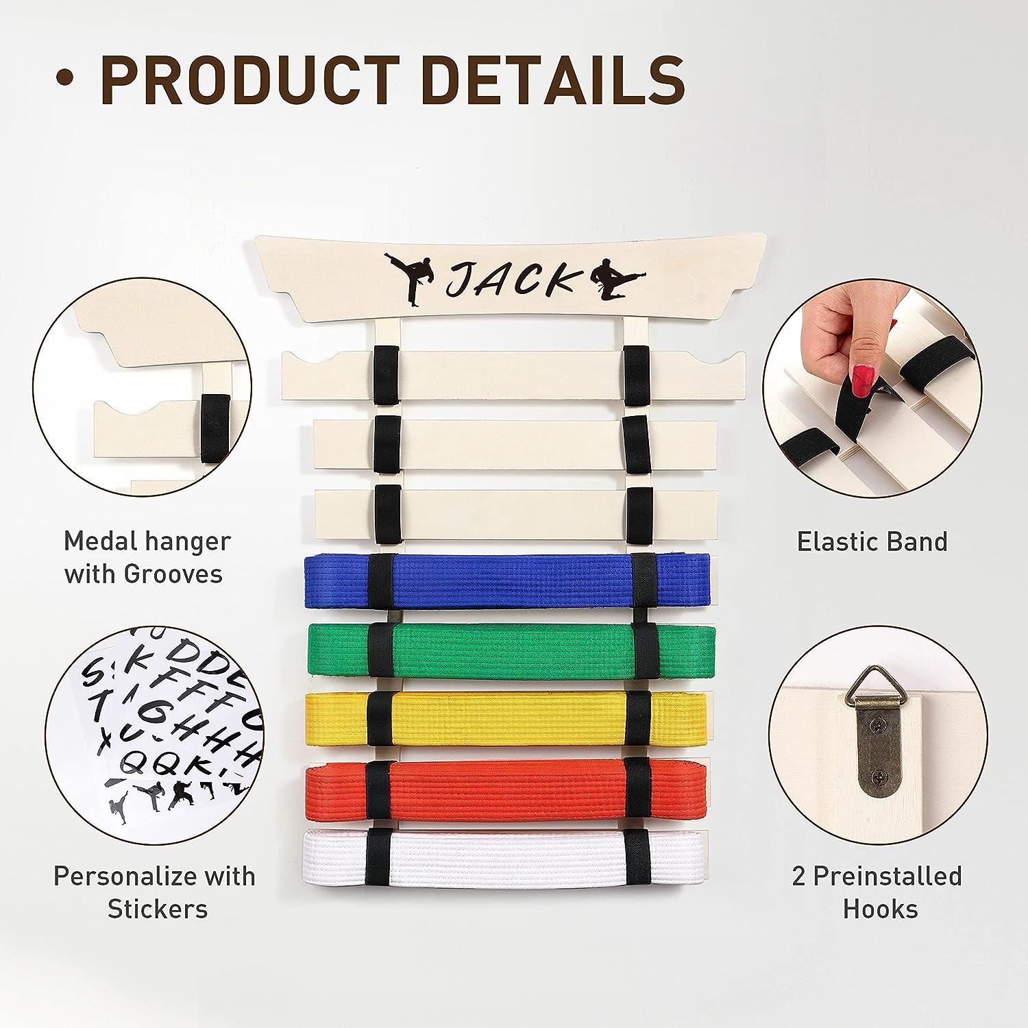 Winartton Karate Belt Display Rack 8 Belts with Medal Hanger and Stickers Wood Martial Arts