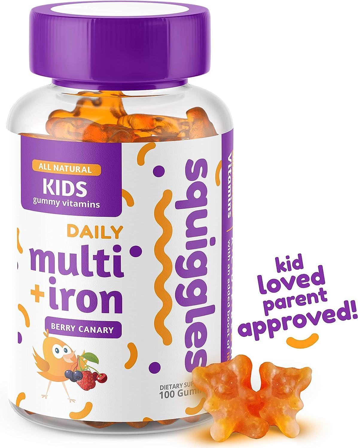 Squiggles Kids Multivitamin + Iron Gummies 100ct AllNatural, Low
