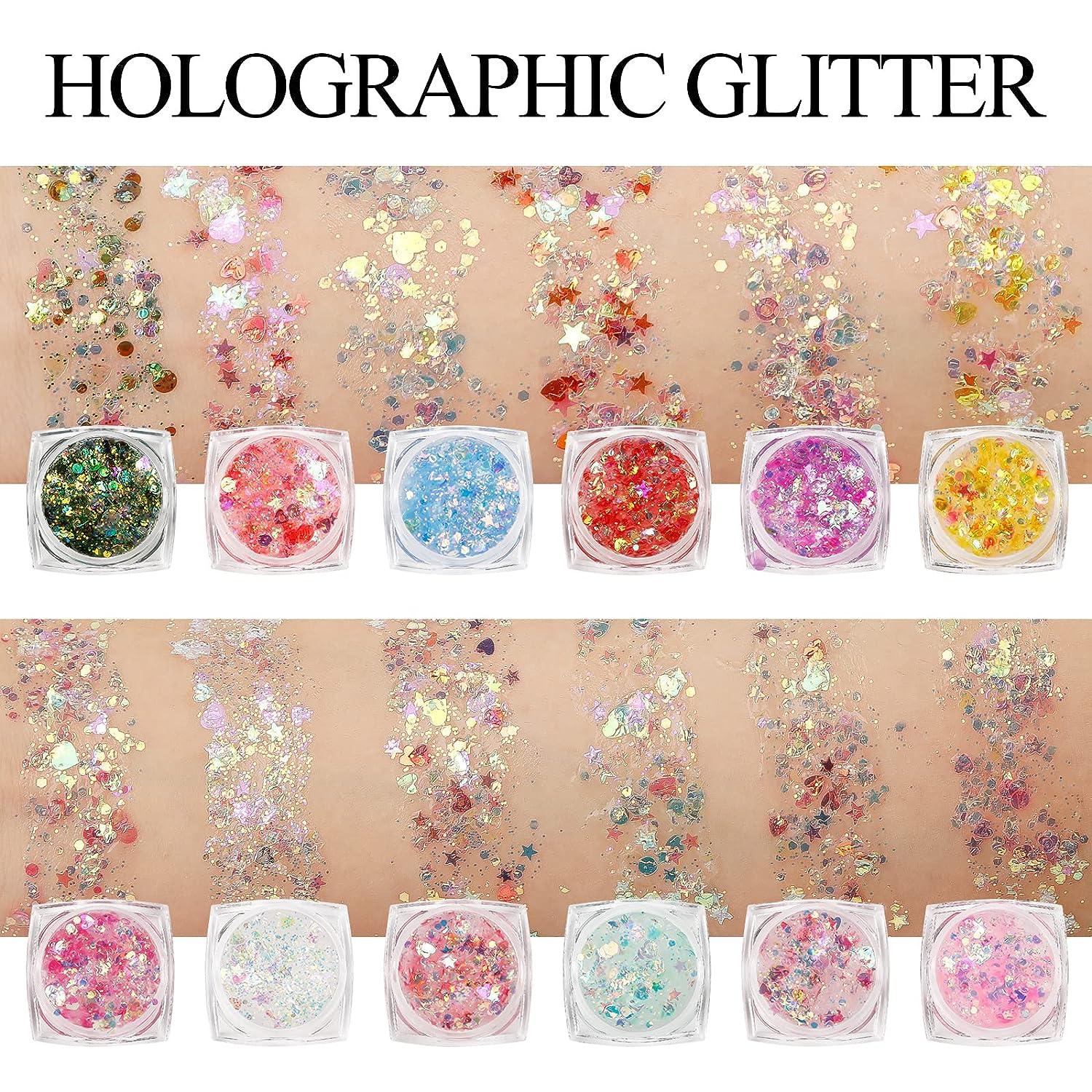 Face Glitter Body Glitter Gel with Face Heart Star Stickers, 6 Colors  Makeup Glitter Hair Glitter Gel with Self Adhesive Heart Star Gems  Rhinestone