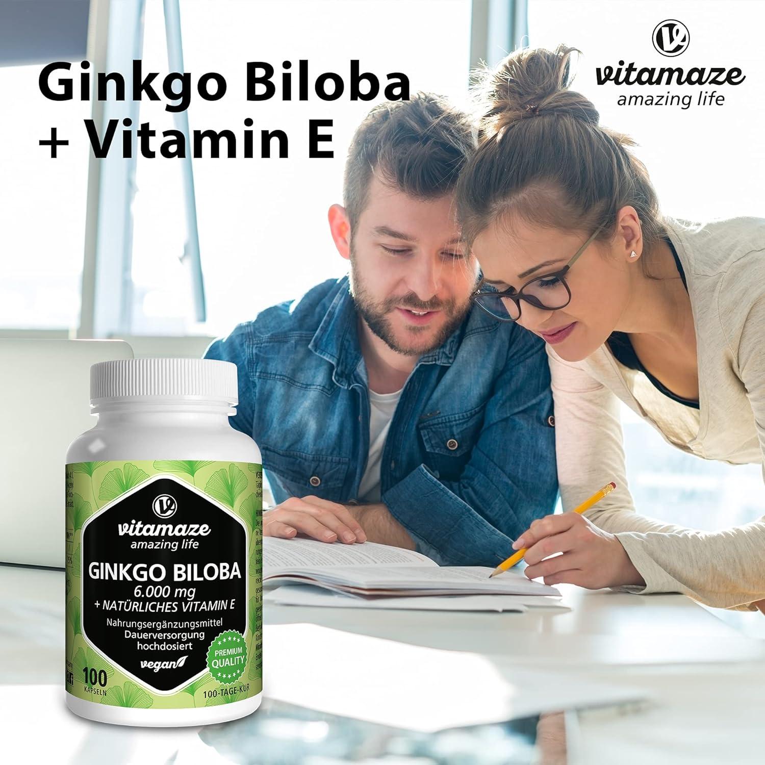 Ginkgo Biloba Capsules 6000mg with Acai LCarnitine and Vitamin E 100 Days Supply Memory and
