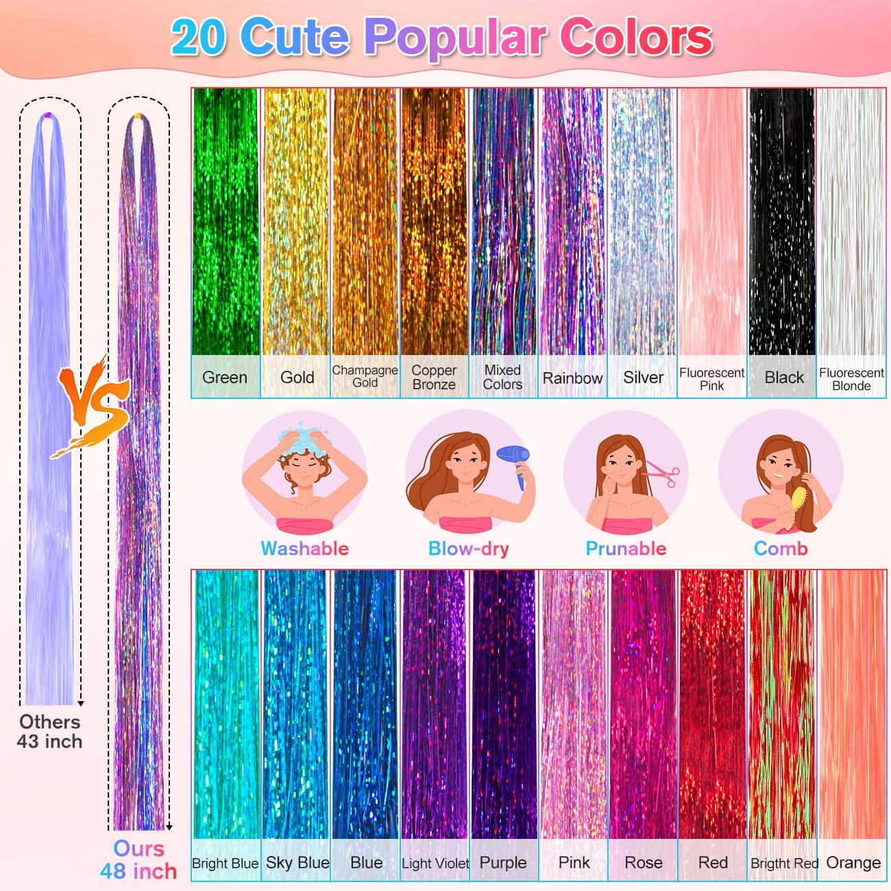 Hair Tinsel Kit (48 Inch 20 Colors 4000 Strands), Glitter Tinsel Hair  Extensions with Tinsel Beads, Heat Resistant Fairy Hair Tinsel Kit with  Hair
