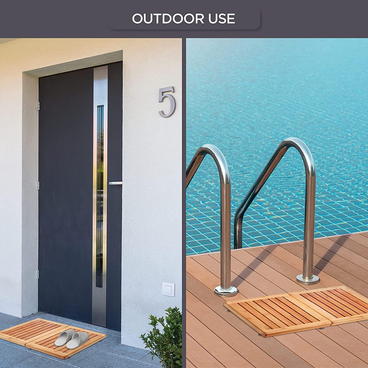 Bamboo Shower Mat Wood Bath Mat, Outdoor Shower Mat Foldable, Non