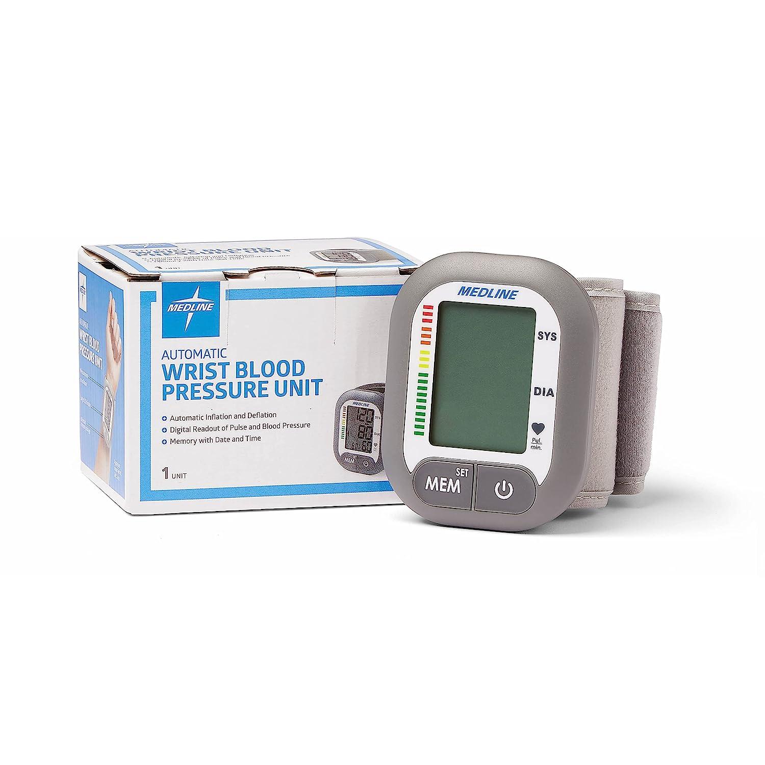 Medline Digital Wrist Blood Pressure Monitor, BP Cuff with Batteries  Included (60 Reading Memory)