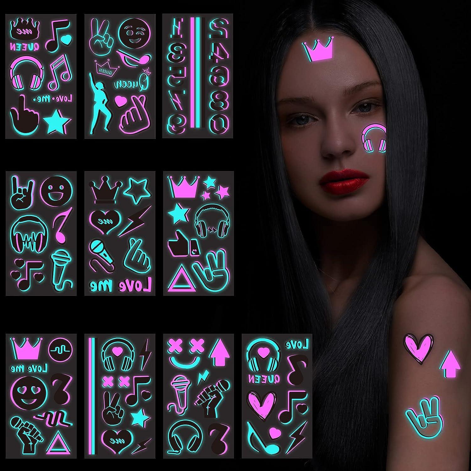 Glow In The Dark Music Temporary Tattoos Safe & Easy Neon Designs for
