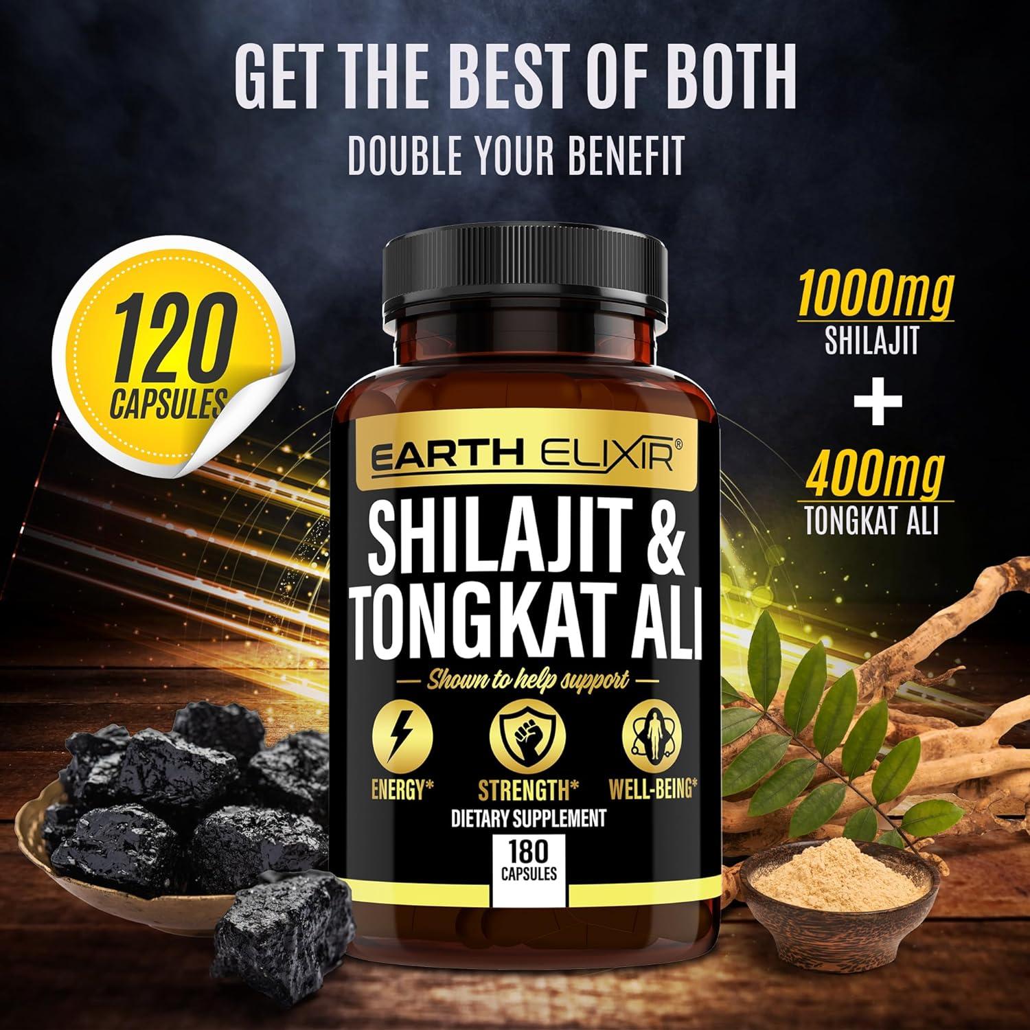 Earth Elixir Shilajit & Tongkat Ali Capsules (180ct) Made in USA 1000mg Shilajit with 20