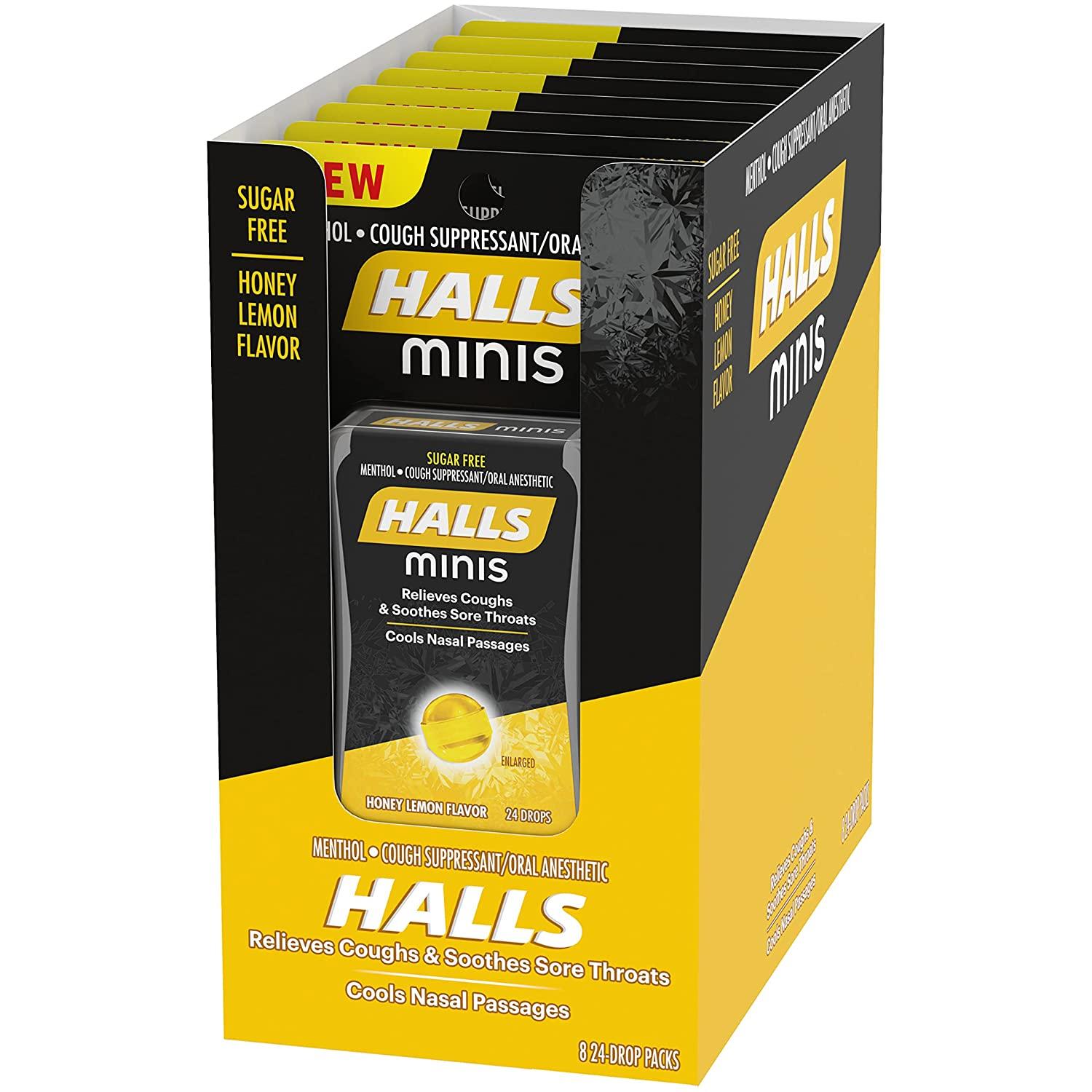 HALLS Minis Honey Lemon SugarFree Cough Drops 24 Count (Pack of 8)