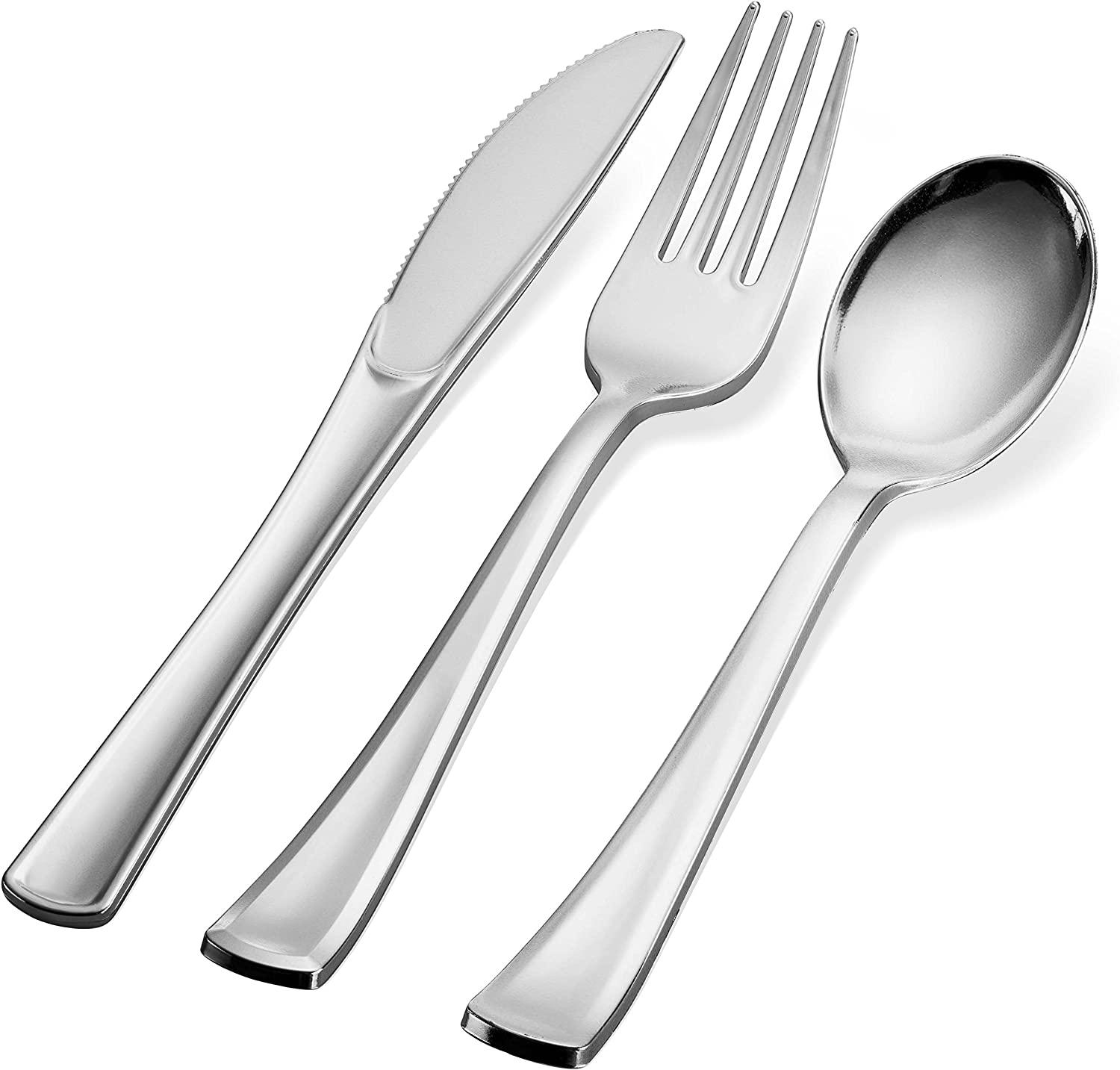 Plastic Silverware Set- Silver Flatware Set- Heavy Duty Cutlery Set - Bulk  Combo Value Pack 160 count 40 Knives 80 Forks 40 Spoons Party Supplies -  Tepco Settings