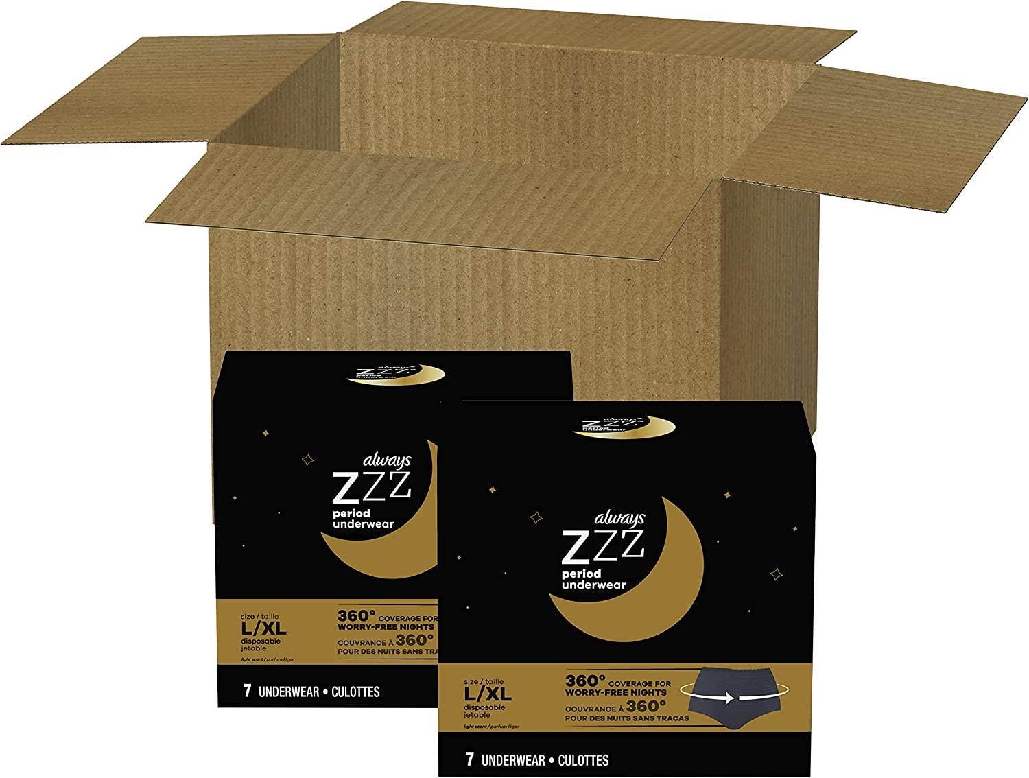 Always Zzzs Overnight Disposable Period Underwear for Women, Size Large,  Black Period Panties, Leakproof, 7 Count X 2 Packs (14 Count Total)  Large/X-Large (Pack of 14)