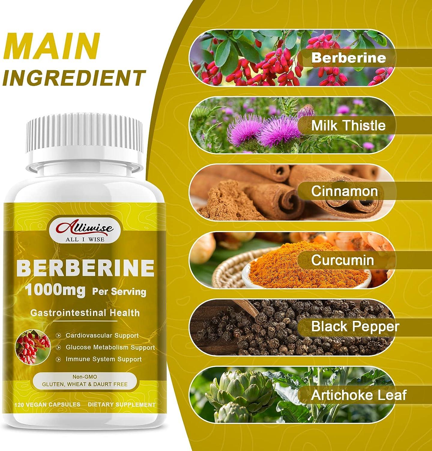 Organic Alliwise Berberine Supplement 1000mg with Cinnamon, Milk