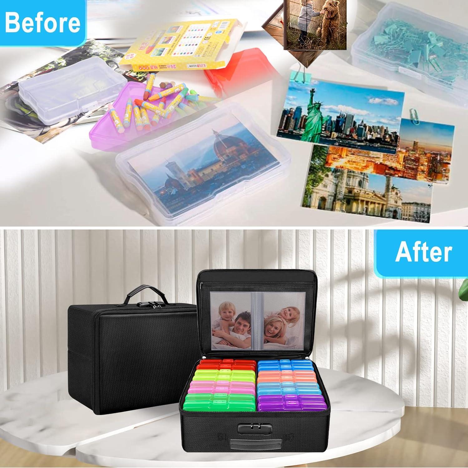 ENGPOW Fireproof Photo Storage Box with 16 Inner 4 x 6 Photo  Cases(Multi-Colored) Photo Organizer Box with Lock Collapsible Portable Photo  Storage Containers with Handle for Photos Picture Craft Box+16 Colored 4