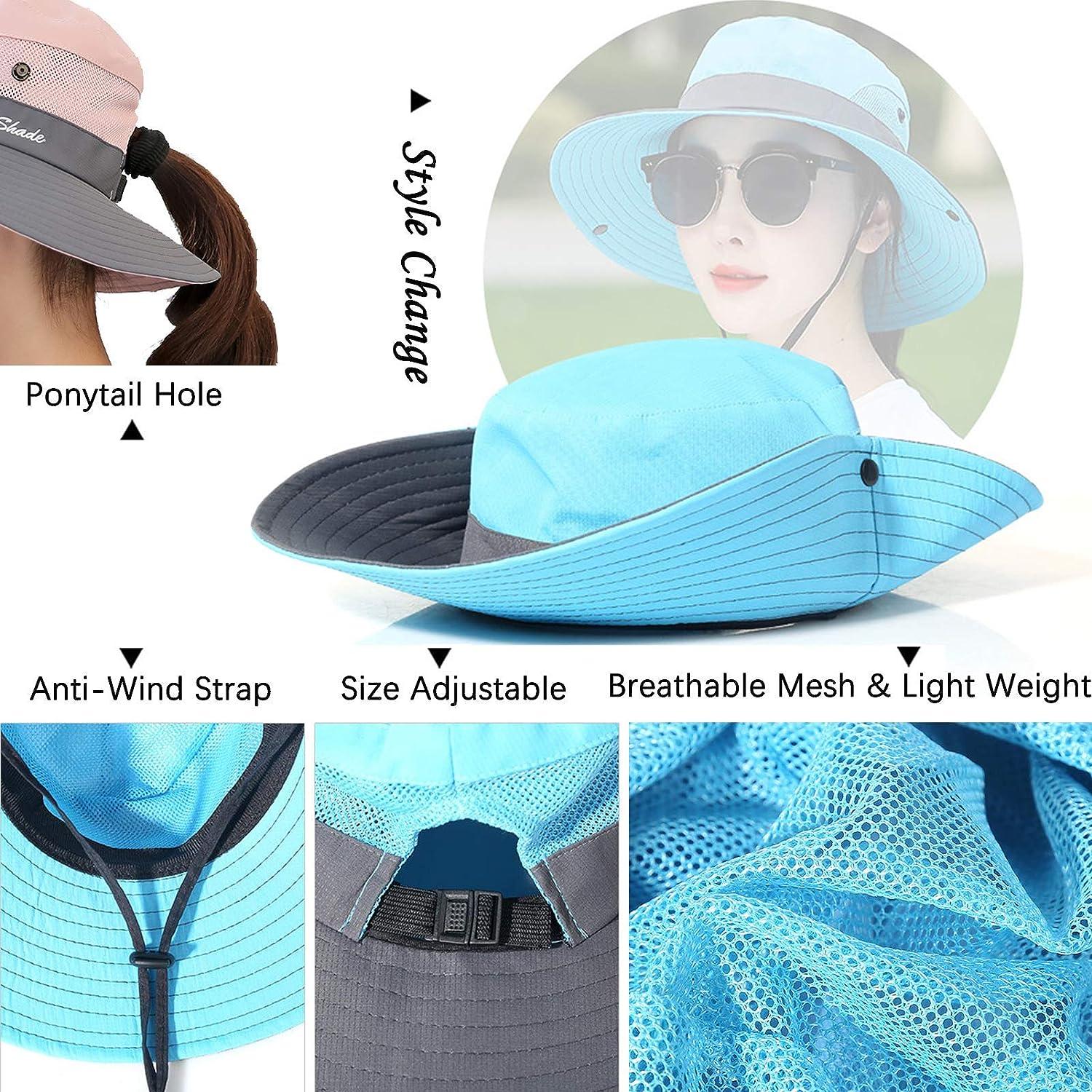 HSELL Womens UV Protection Wide Brim Sun Hats Cooling Mesh Ponytail Hole  Cap Foldable Travel Outdoor Fishing Hat Pink