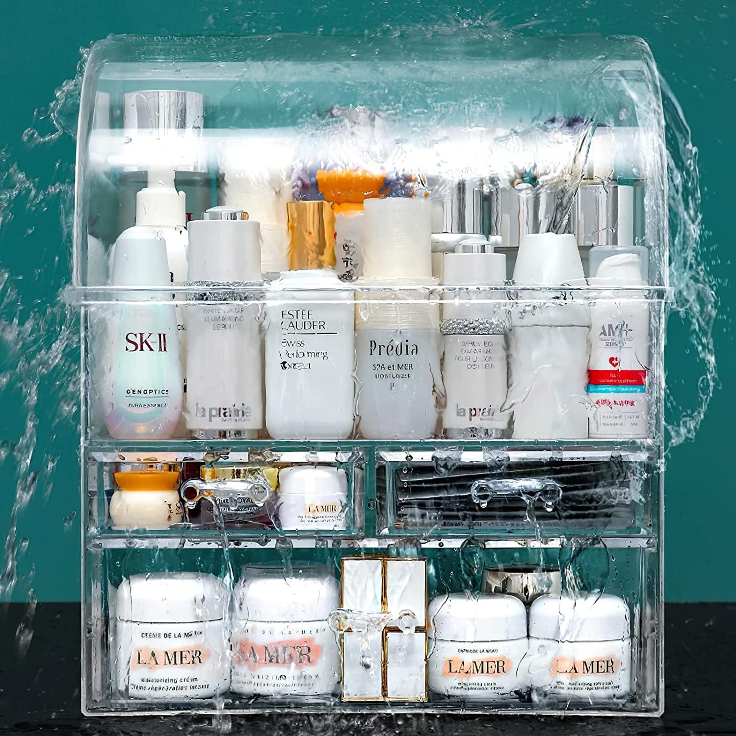 Large Acrylic Makeup Storage Drawers Cabinet Cosmetic Organizer Skincare  Display Case Beauty Vanity Accessories Countertop Organizer Dustproof (14H  x11.8W x 6.9D) 11.8in*14in* 7in