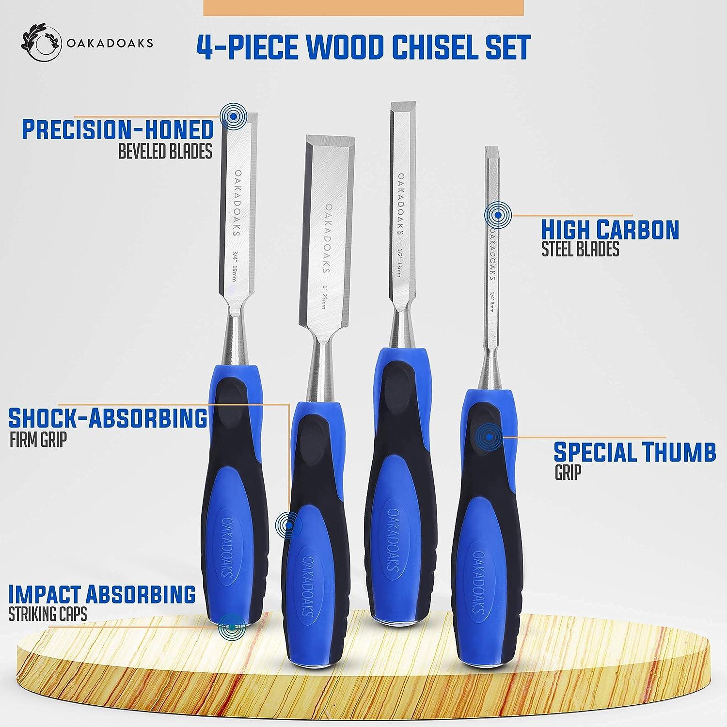 Chisel Set Woodworking Tools & Wood Carving Tools Sharp Chrome Vanadium  Steel Wood Chisel Sets w/Beveled Edges Durable PP & TPR Handle + Metal  Striking Cap (Set of 4) Oakadoaks