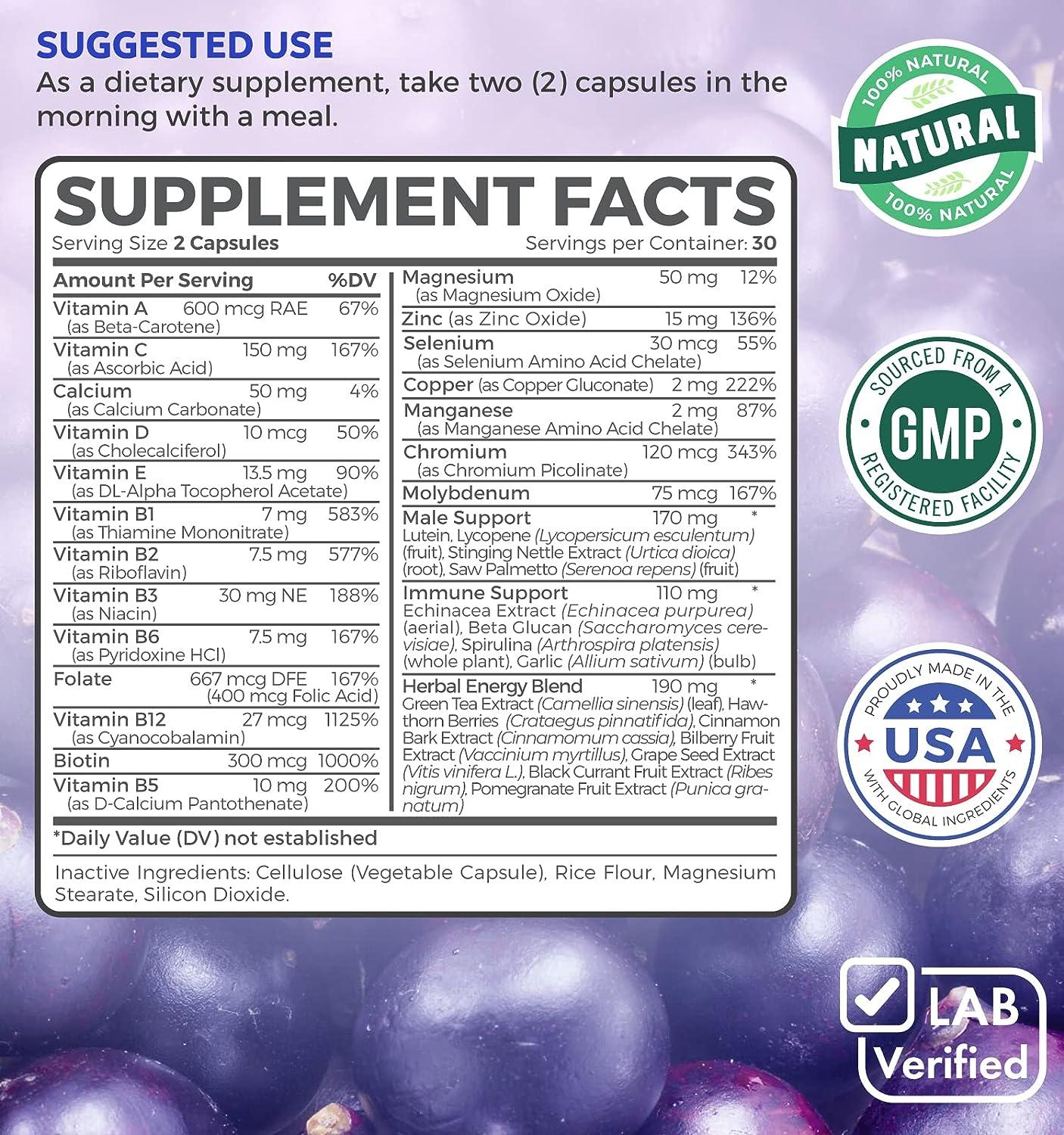 Men's Multivitamin 60 Capsules NonGMO Daily Vitamins & Minerals with