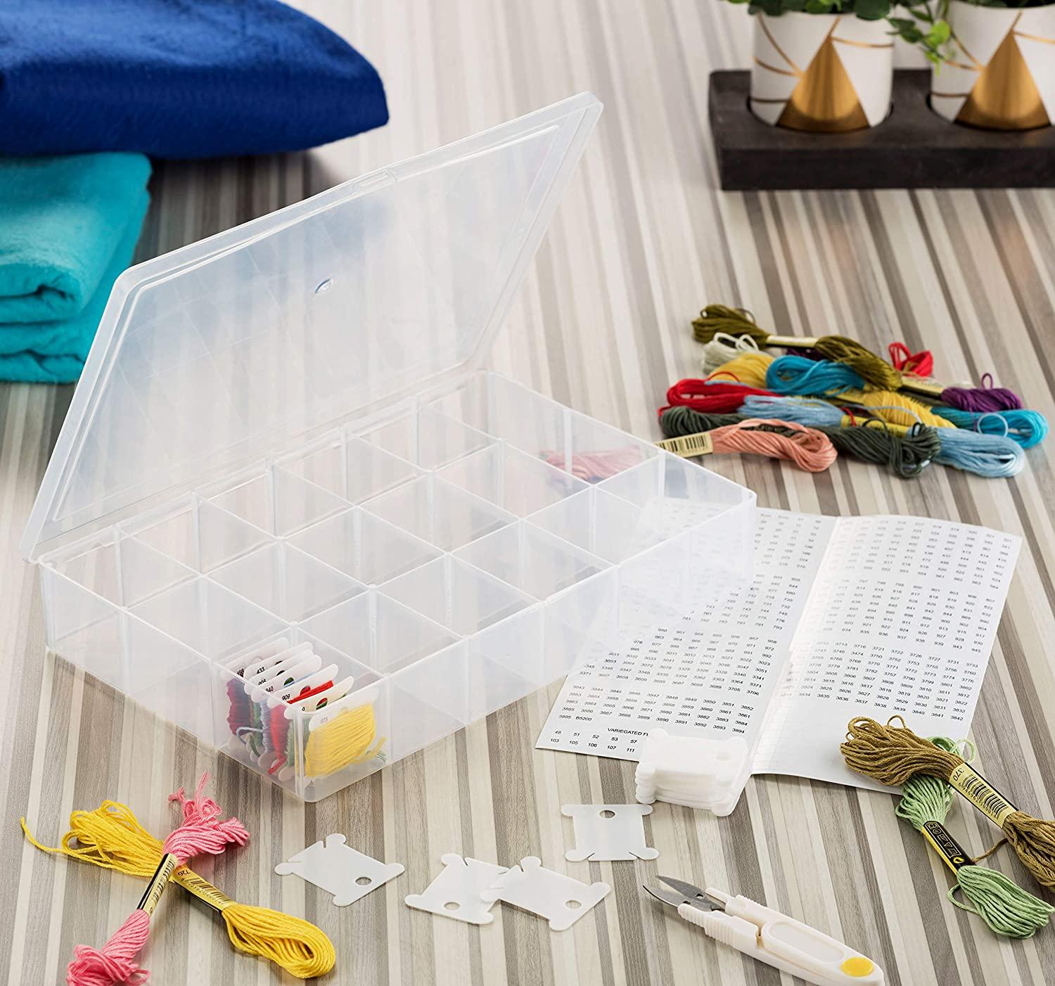 Embroidery Floss Organizer Box, 17 Compartment Plastic Box with Lid,  Embroidery Thread Organizer with 100 Cardboard Bobbins and 640 Floss Number  Stickers, Floss Organizer 