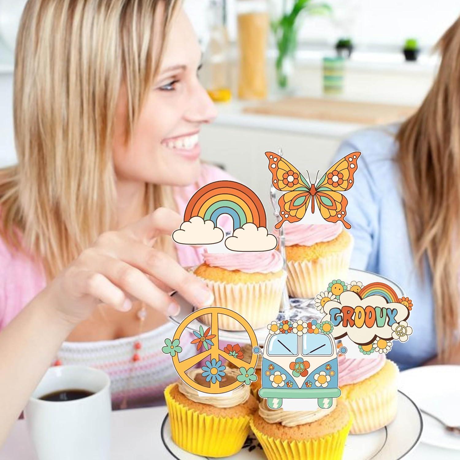 48pcs Hippie Party Cupcake Toppers Two Groovy Party Decorations Glitter ...