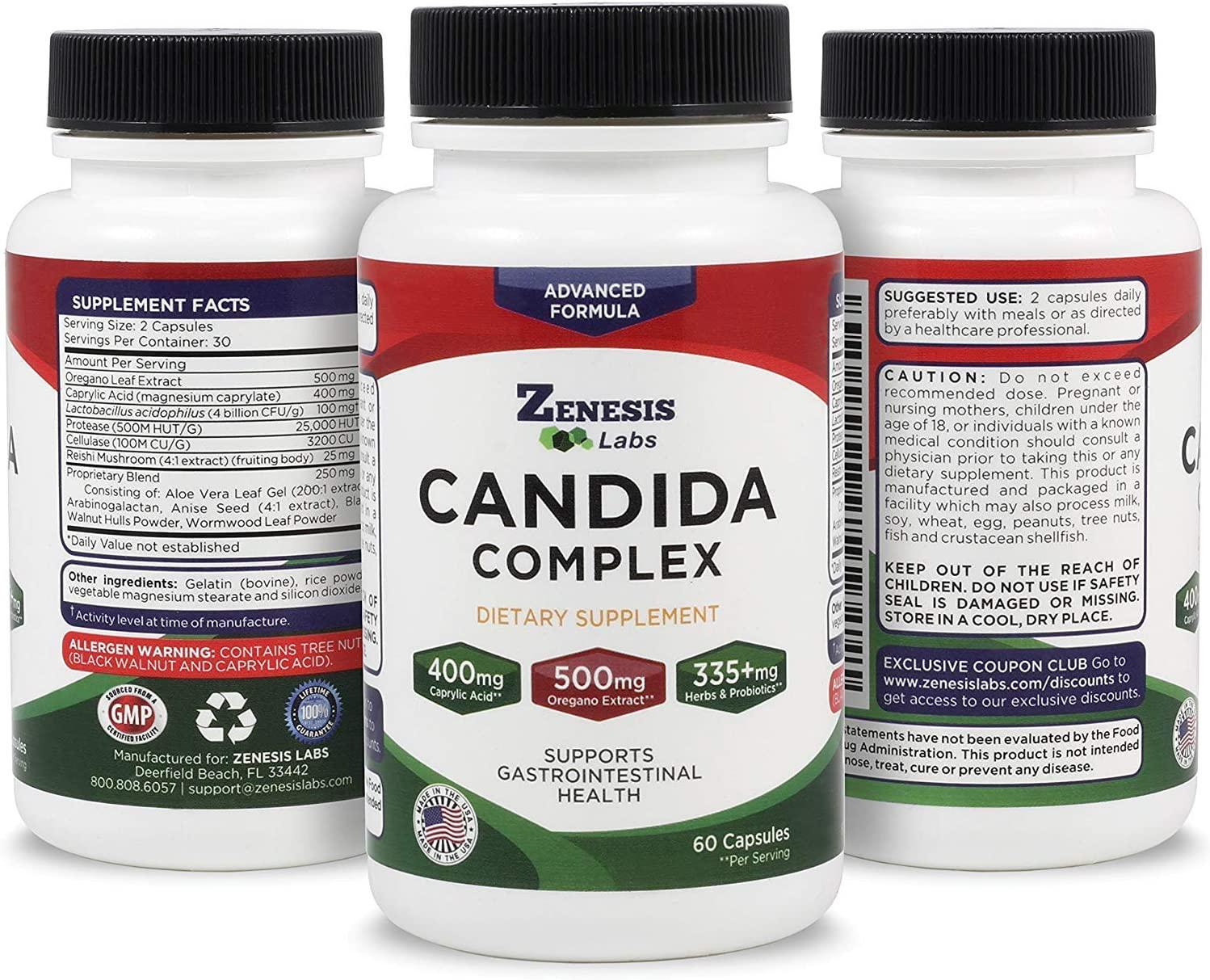 Candida Cleanse Detox Caprylic Acid Supplement 60 Capsules with Oregano, Probiotics, Enzymes