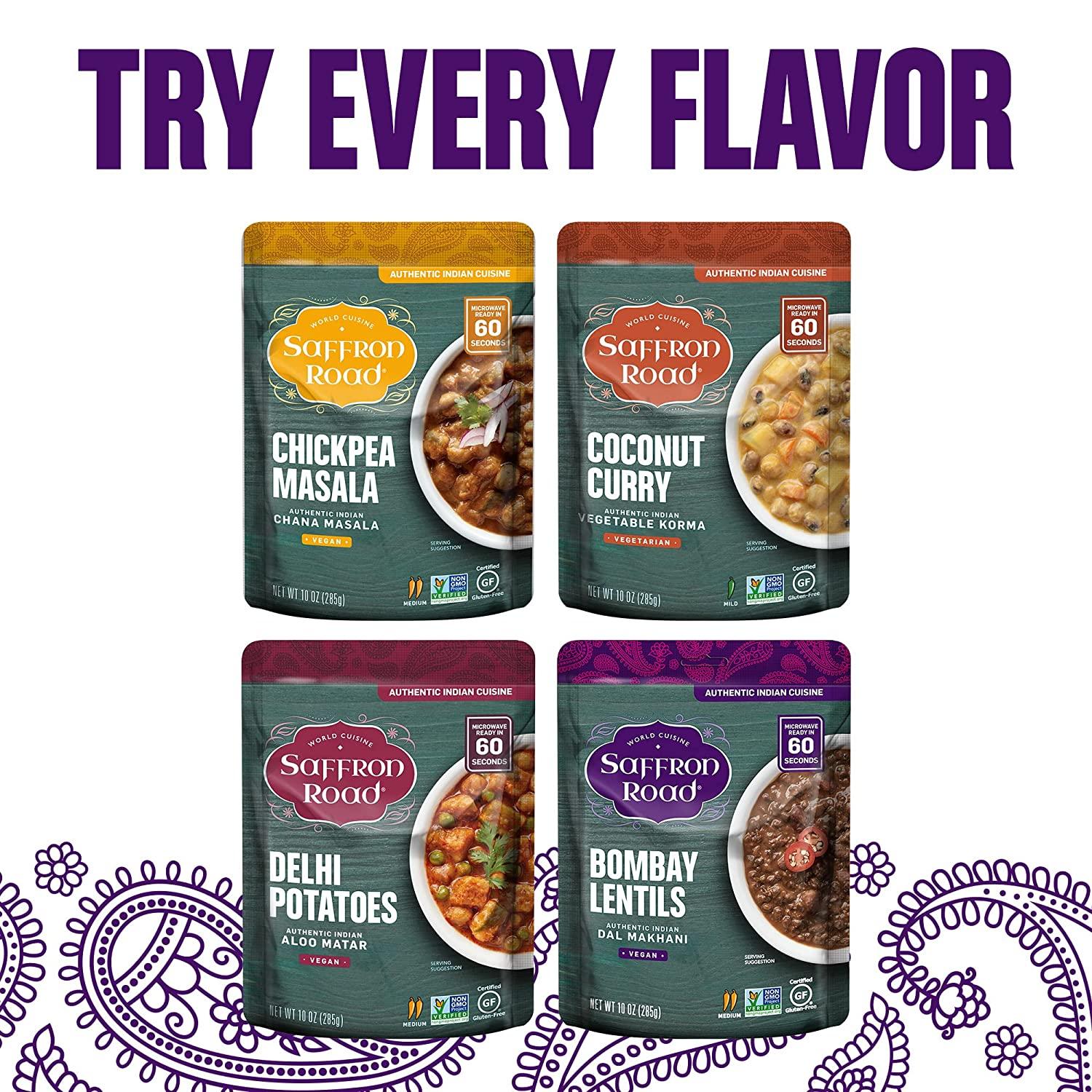 Saffron Road Meal Pouch Variety Pack Bombay Lentils, Delhi Potatoes