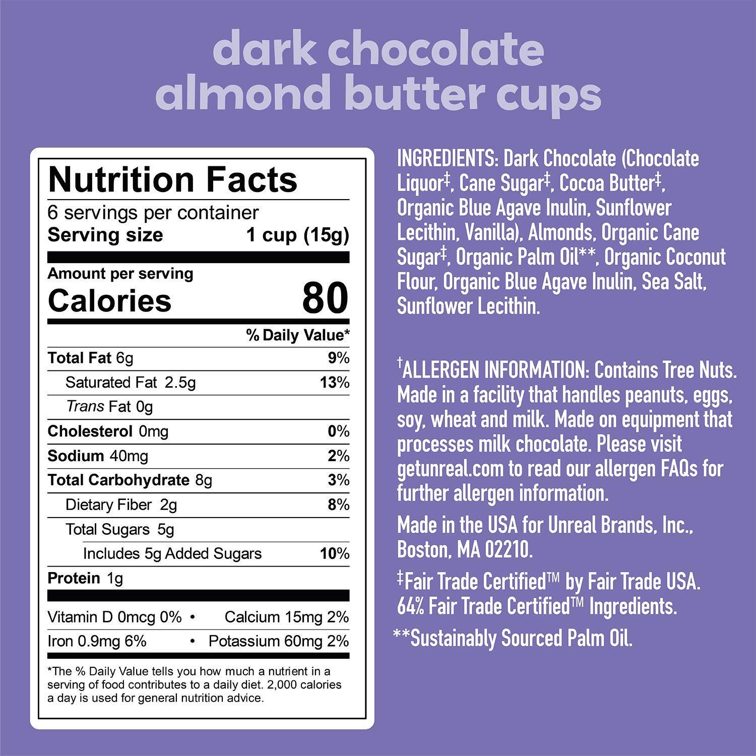 UNREAL Dark Chocolate Almond Butter Cups Vegan, Gluten Free, Less