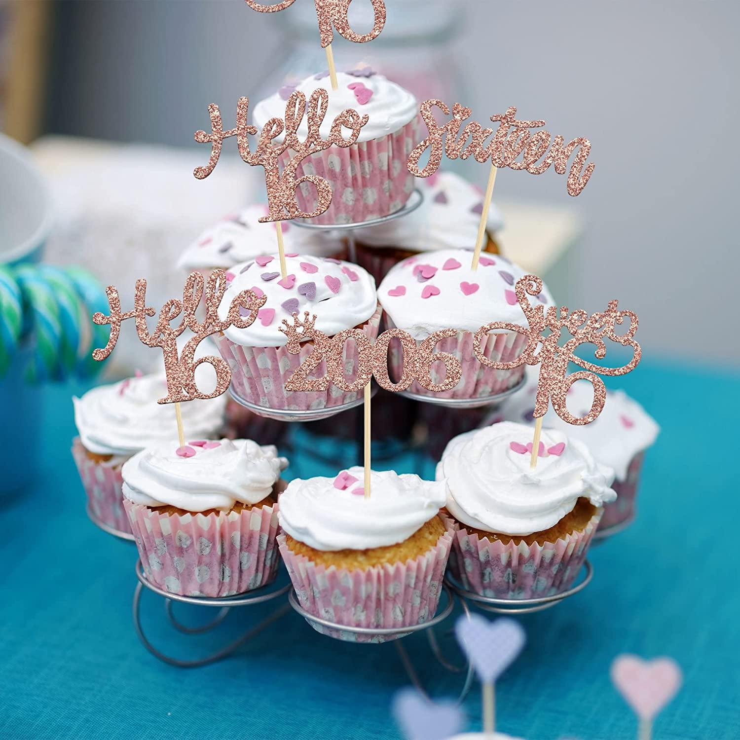 Rose Gold Glitter Sweet 16 Cupcake Toppers Pack of 24 16th