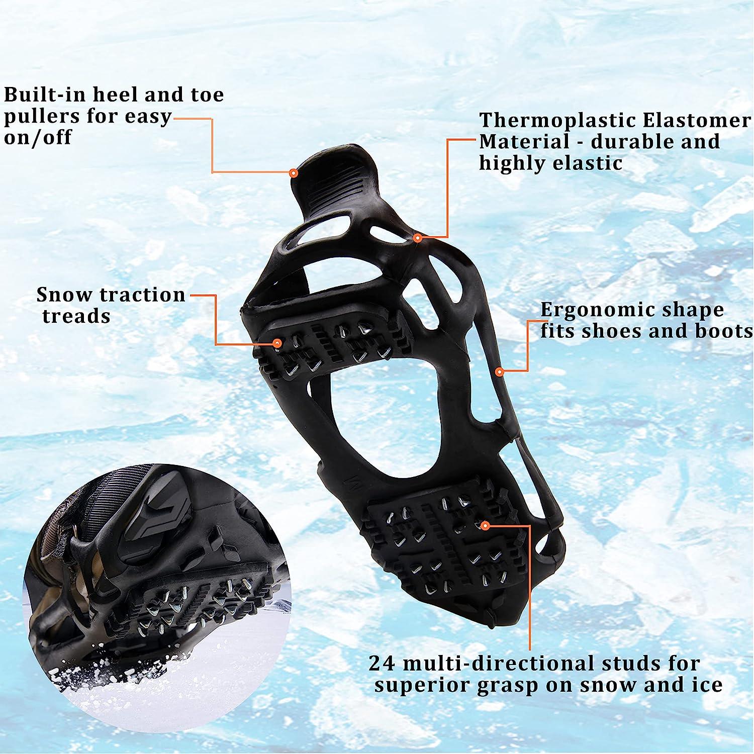 Ice Cleats Snow Traction Cleats Crampon for Walking on Snow and Ice Non-Slip  Overshoe Rubber Anti Slip Crampons Slip-on Stretch Footwear Large(7.5-10  men/9-11 women) 24 Steel With Straps