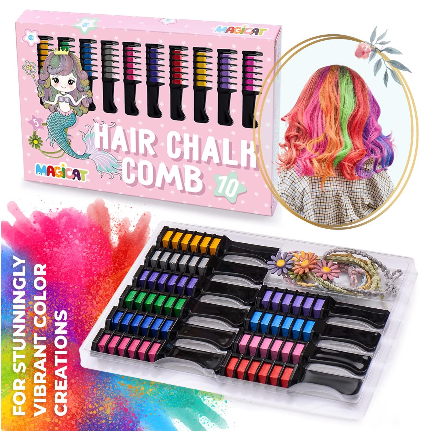 Magicat Premium Hair Chalk for Kids Set - 10pc Temporary Hair Color for  Kids, 5 Hair Ties - Hair Chalk Comb For Girls - Birthday, Christmas,  Halloween, Party Gift - Washable Hair Dye Kids