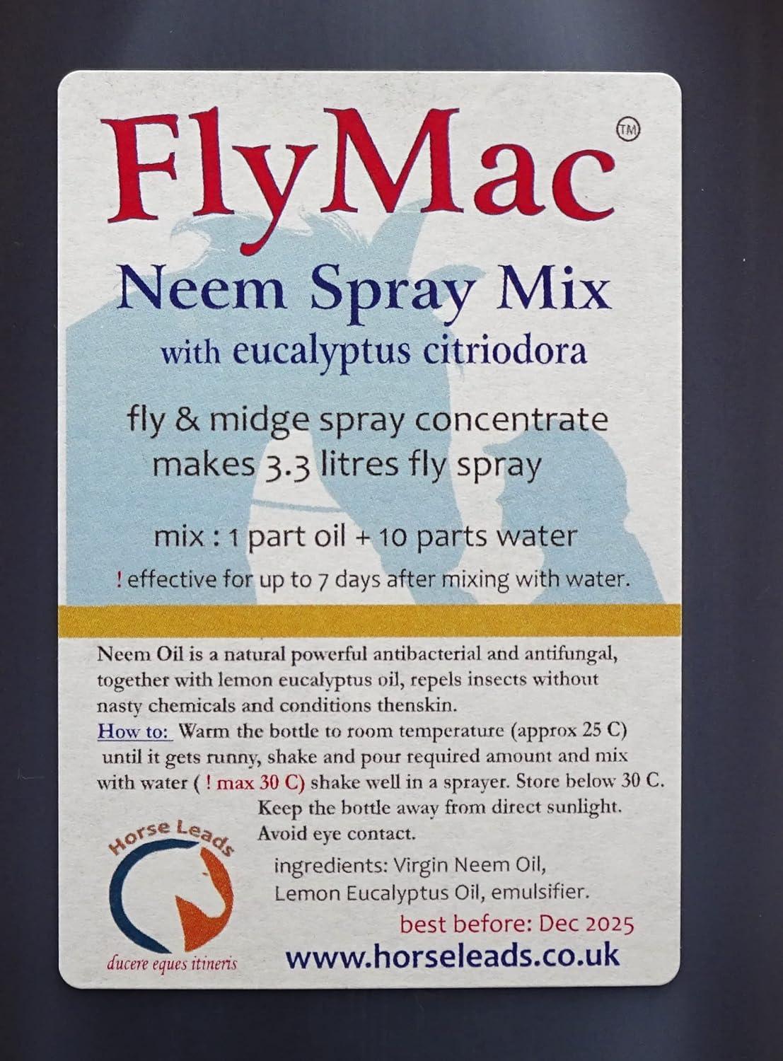 FlyMac Neem & Eucalyptus Spray Concentrate 300ml makes 3.3 ltrs Horse Fly Spray