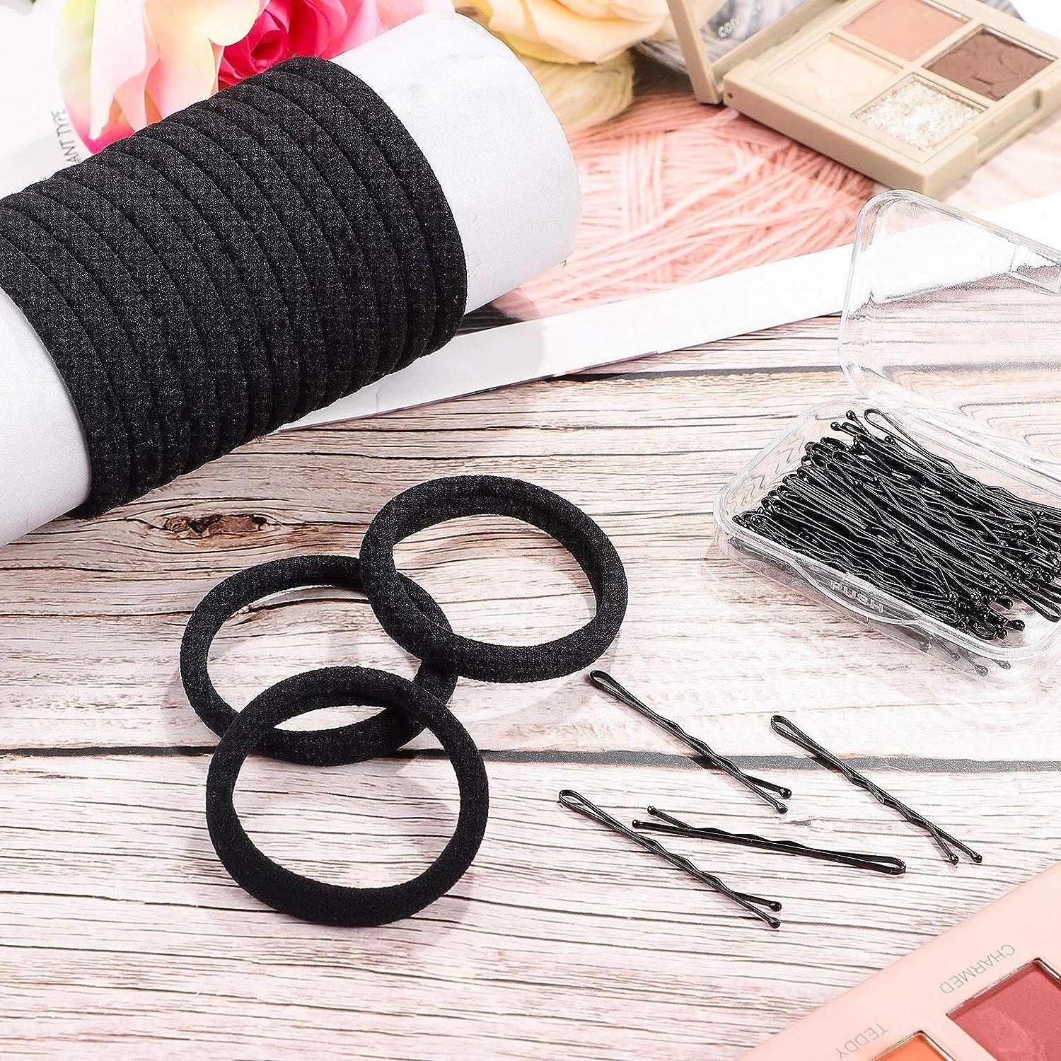 60 Black Seamless Hair Ties & Bobby Pins Set with Box - No Metal