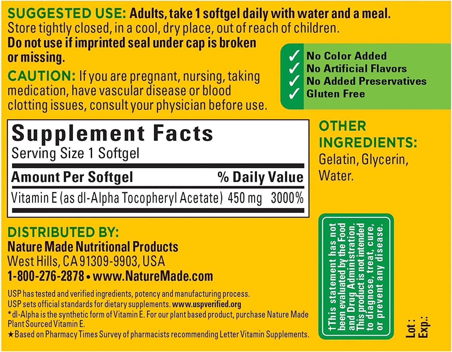 Nature Made Vitamin E 450mg (1000 IU) Softgels 60 Count for