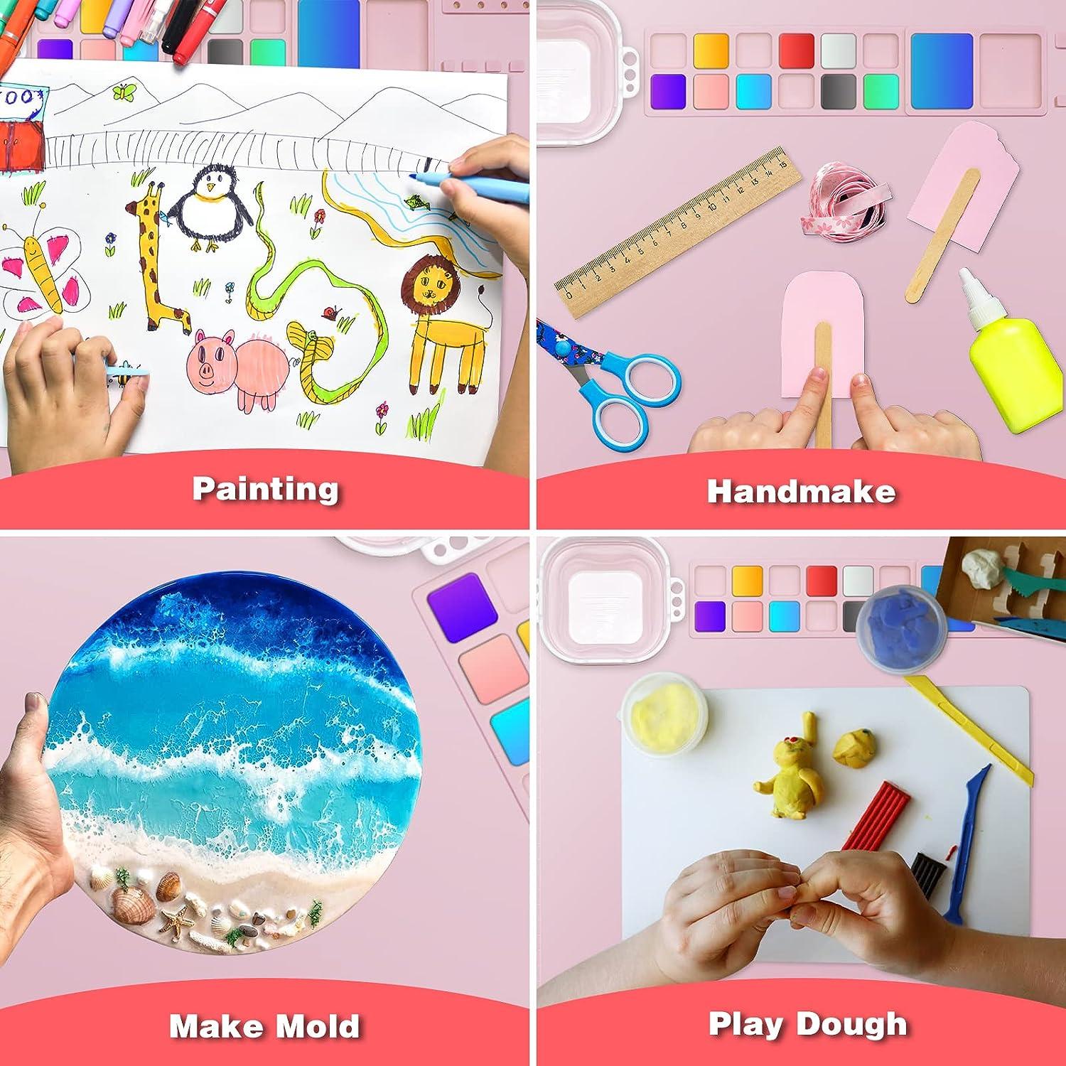 Silicone Painting Mat with Cup and Sponge for Craft Mat, Pink Non-Stick Silicone Art Mat for Kids Paint Mat, Craft, Clay