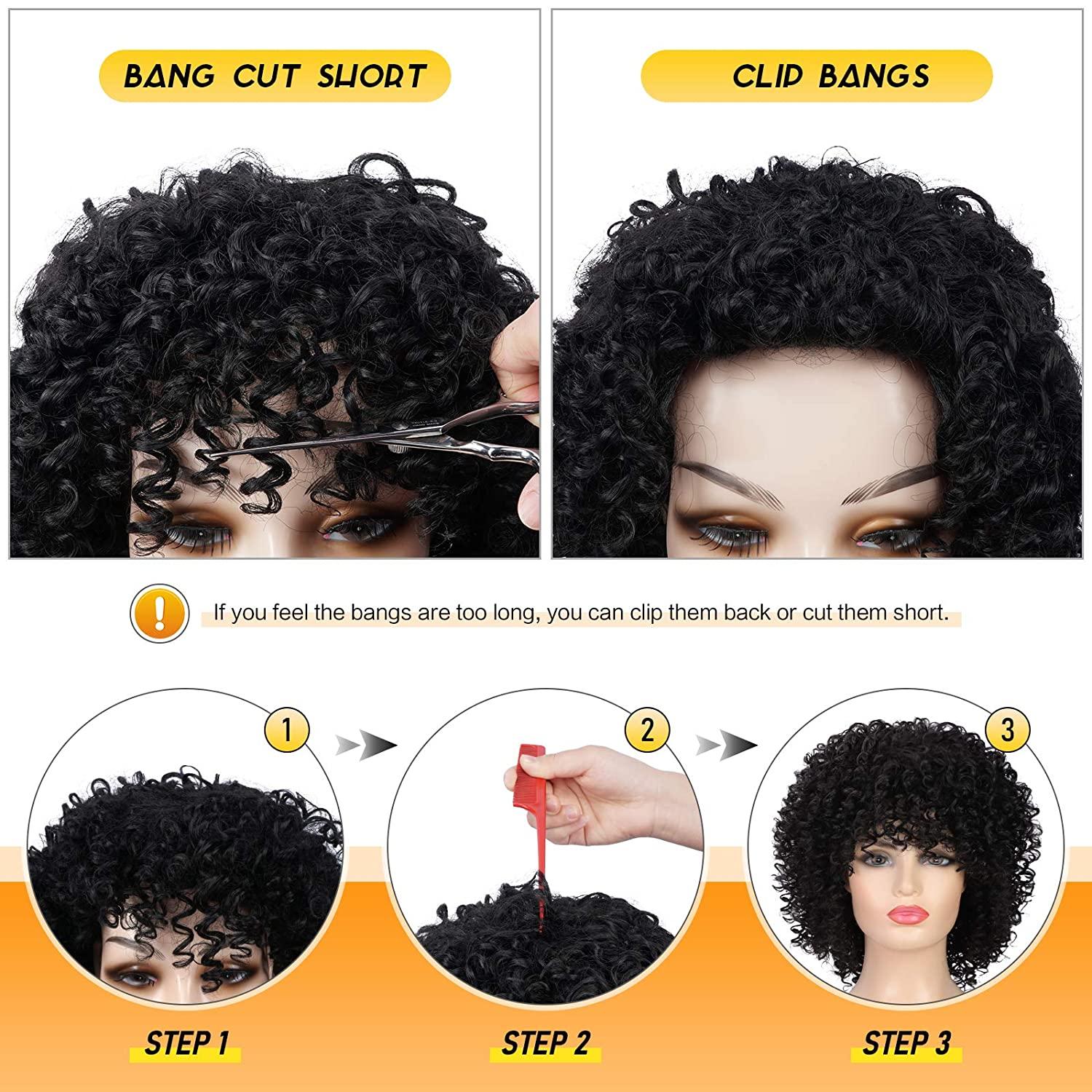 PEACOCO Short Afro Wigs for Black Women Jerry Curl Hair Wig Natural Fashion  Synthetic Full Wig for African American Women for Daily Party with Wig Cap  (1B)