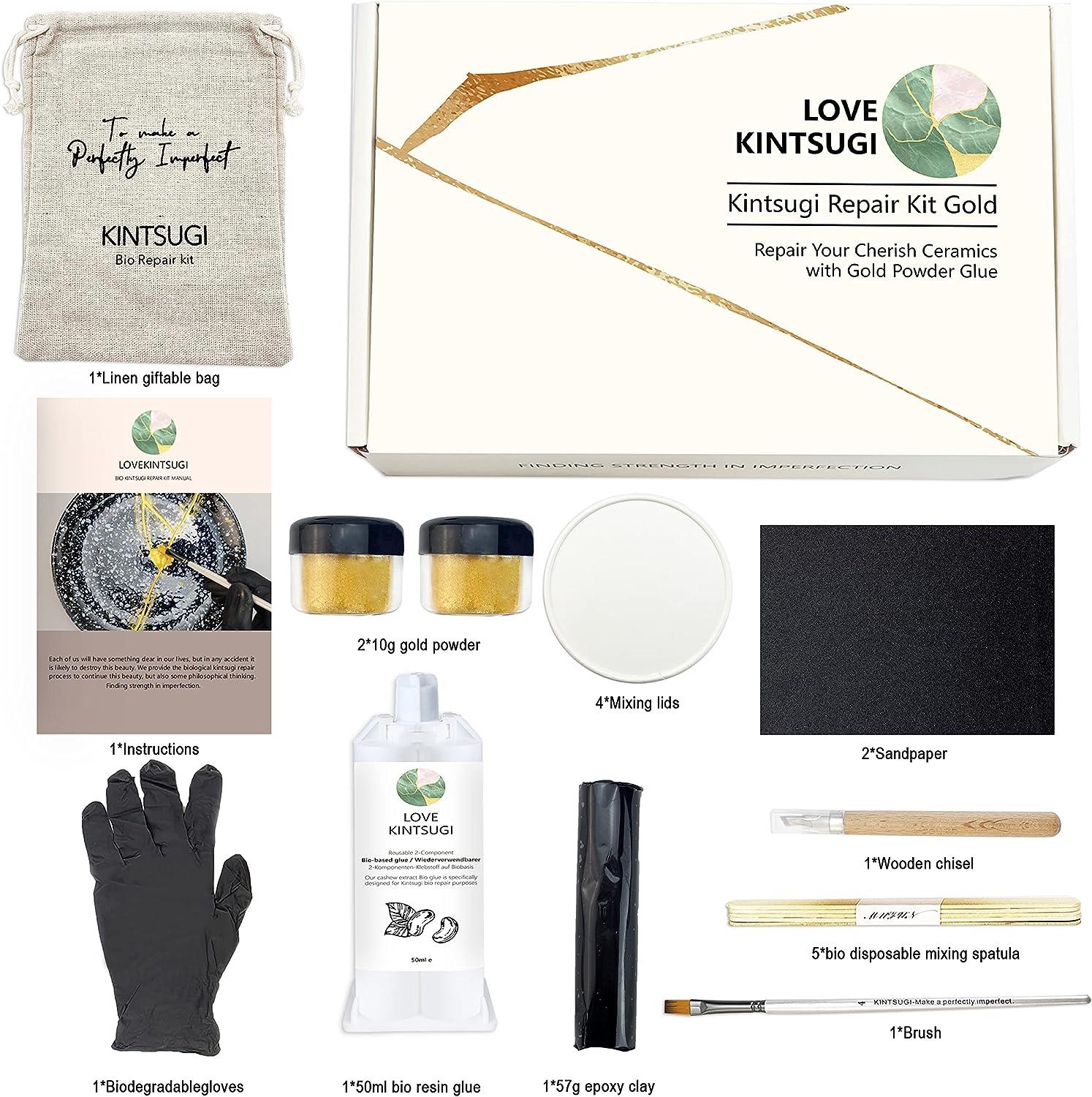 Kintsugi Repair Kit (Upgrade), Repair Your Cherish Ceramics with Gold  Powder & 50ml Glue & 57g Epoxy Putty, Starter Repair Ceramic Kintsugi Kit