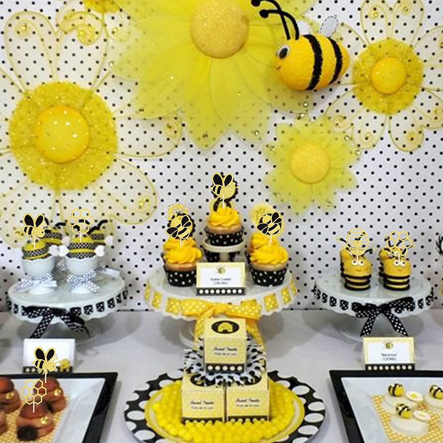 24pcs Bee Cake Topper Glitter Bumble Bee Cupcake Toppers Dessert Cake Decor  For Baby Shower Gender Reveal Birthday