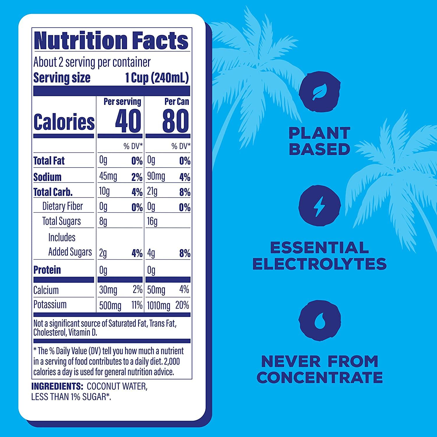 C2O Original Coconut Water 16.3oz Cans (Pack of 8) NutrientRich